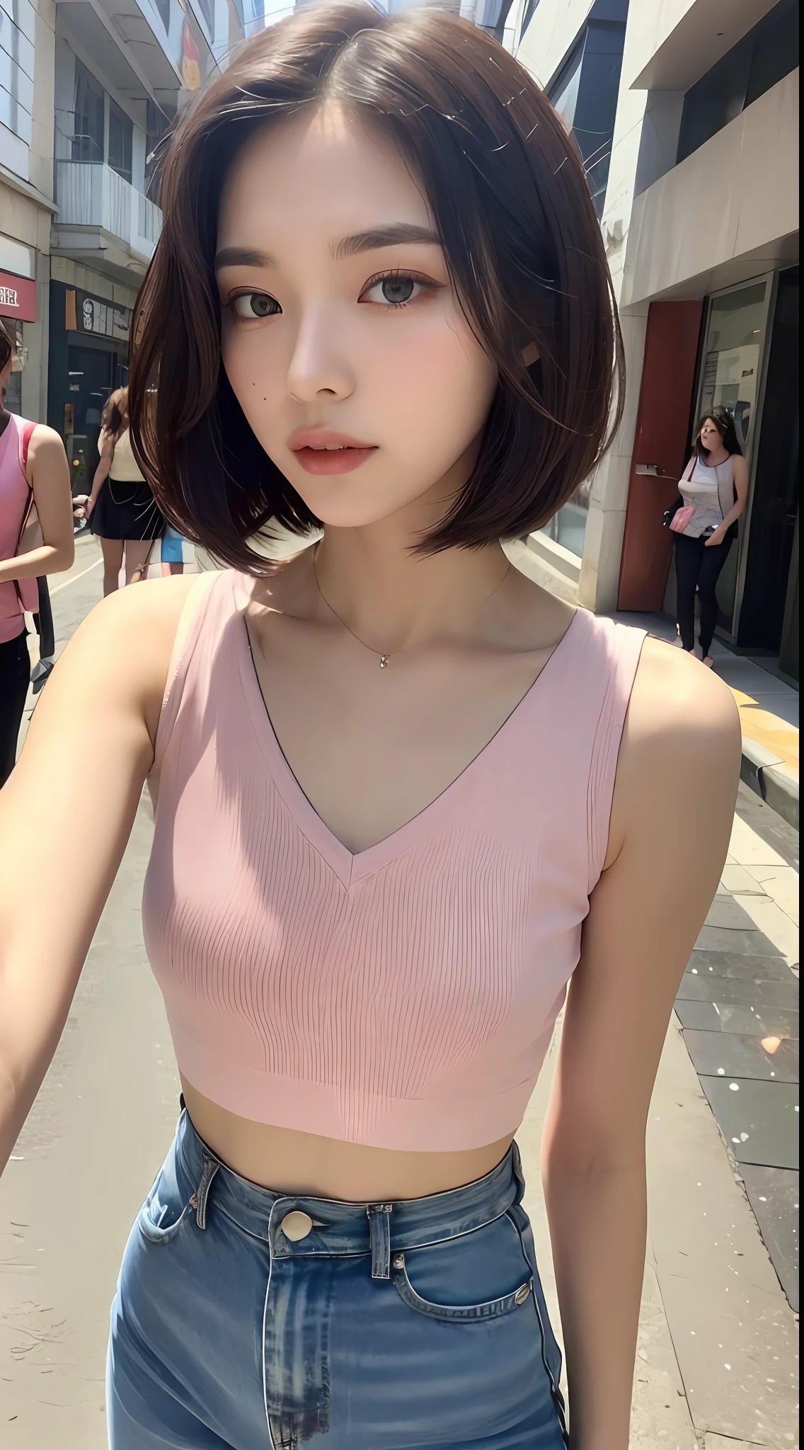 (Top Quality, 16k, Masterpiece: 1.3)), 1 Girl, Sharp Focus: 1.2, Beautiful Woman with Perfect Figure: 1.4, Slender Abs: 1.2, (((Short Bob Hair)), ((Small: 1.4)), ((Beautiful Face Idol: 1.3)), ((Pink Sleeveless 1.5)), Highly Detailed Face and Skin Texture, Detailed Eyes, Double Eyelids, (((Pause)), (Seductive)), Walking Street, modern urban building