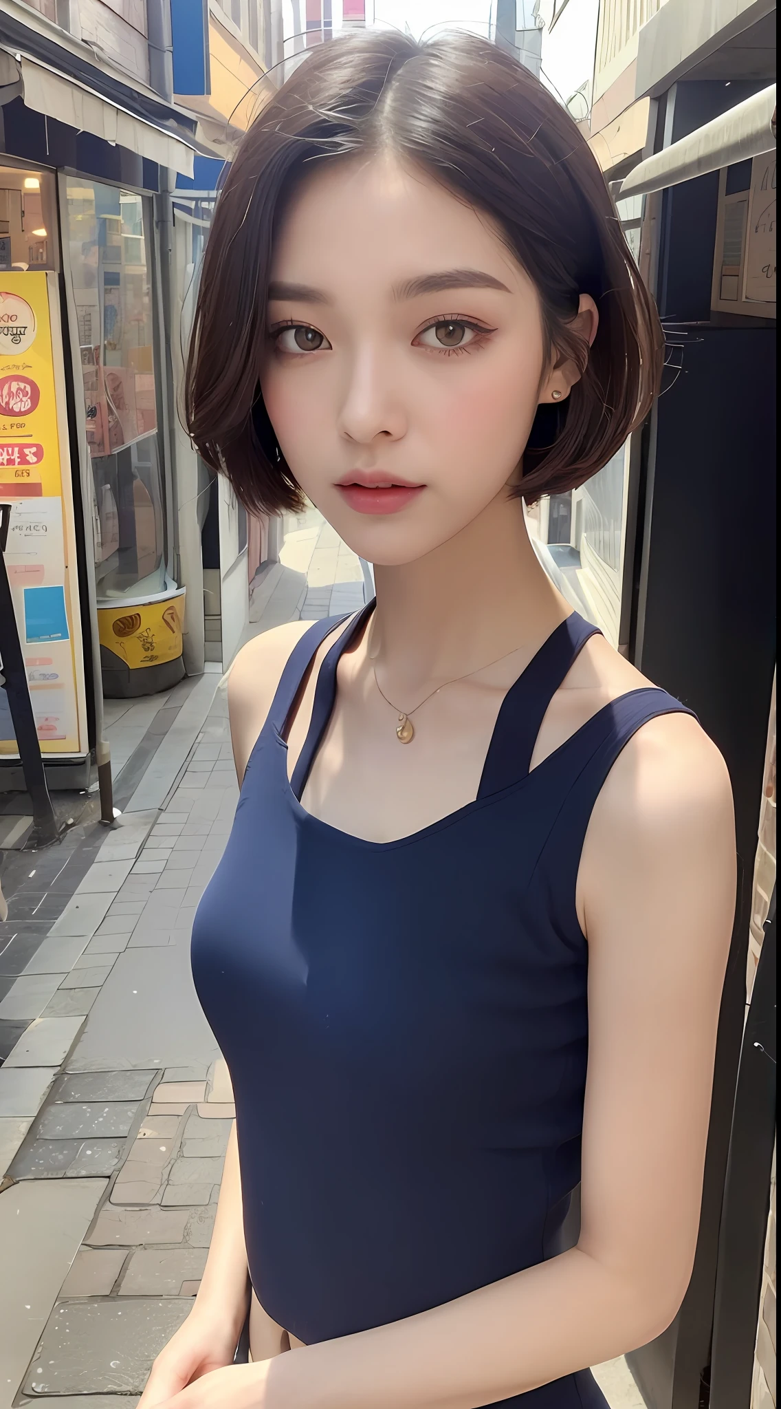 (Top Quality, 16k, Masterpiece: 1.3)), 1 Girl, Sharp Focus: 1.2, Beautiful Woman with Perfect Figure: 1.4, Slender Abs: 1.2, (((Short Bob Hair)), ((Small: 1.4)), ((Beautiful Face Idol: 1.3)), ((Pink Sleeveless 1.5)), Highly Detailed Face and Skin Texture, Detailed Eyes, Double Eyelids, (((Pause)), (Seductive)), Walking Street, modern urban building