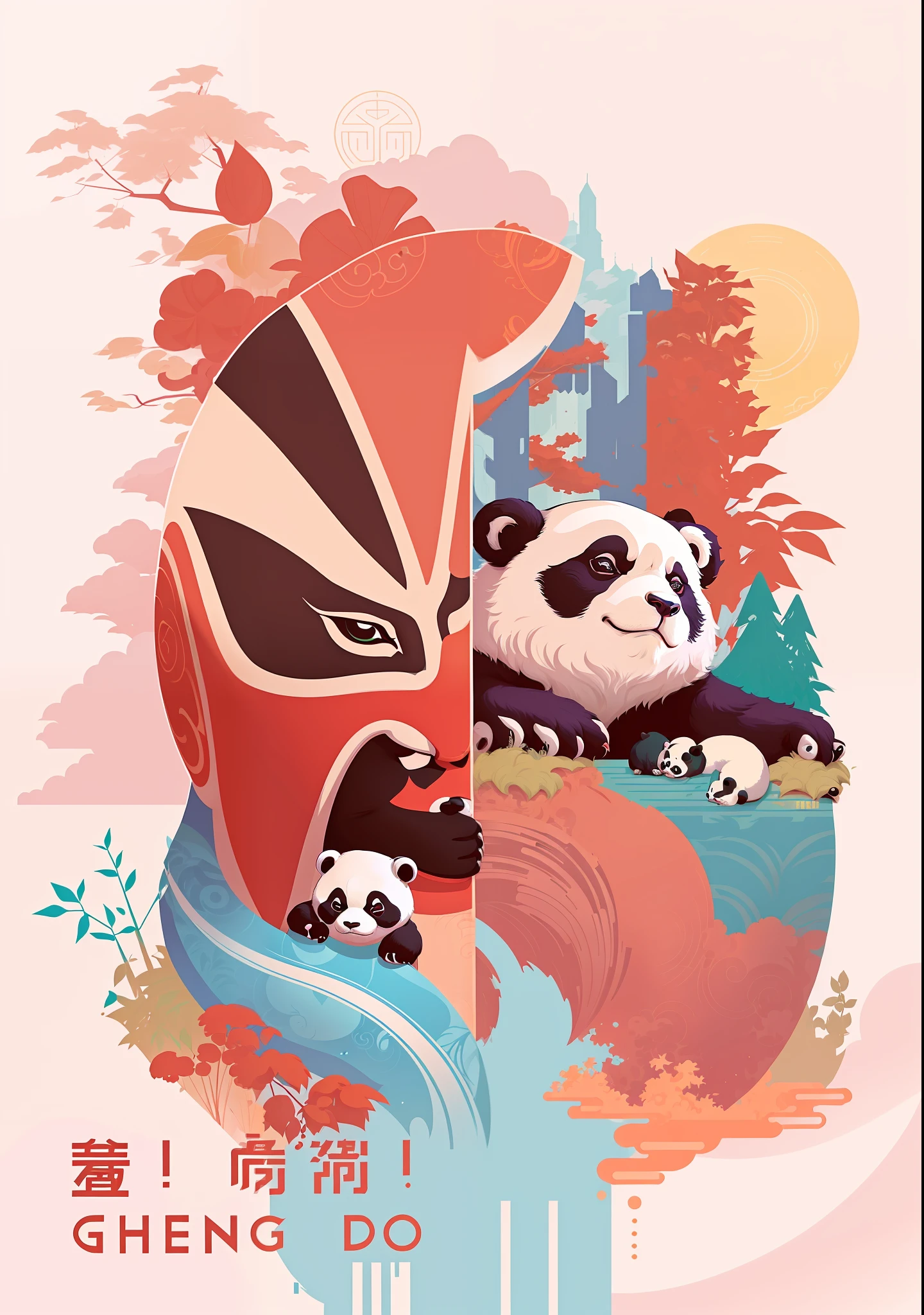 There is a poster with pandas and panda bears in the style of Sachin Teng, Victo Ngai and Tristan Eaton, Jen Bartel, beautifully illustrated artwork, poster illustration, inspired by Lu guang, Rob Rey and Kentaro Miura style, Sachin Teng, inspired by Wu Bin.