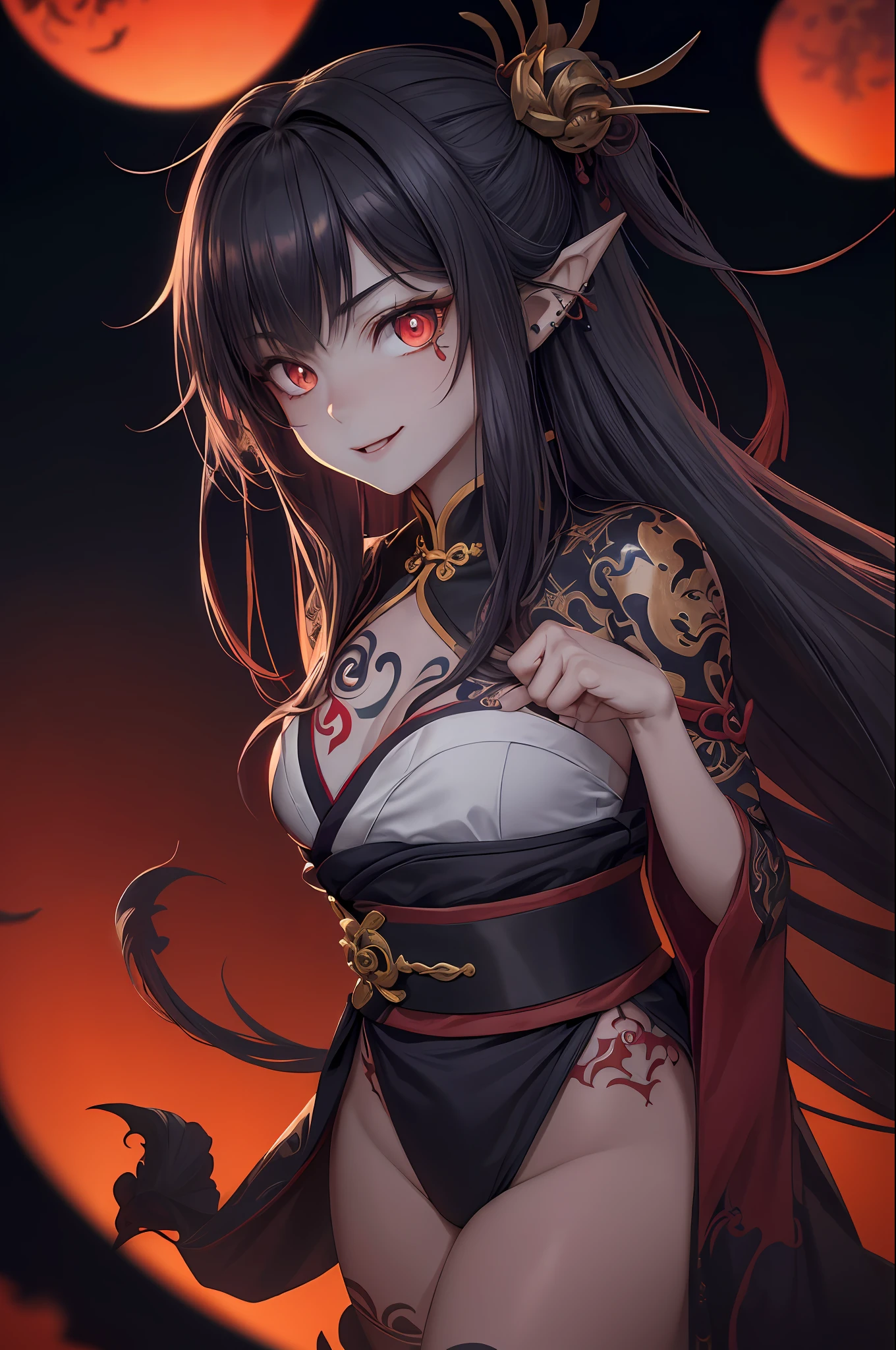 Masterpiece, top quality, Chinese fairy, 1 girl \ (loli) and bunny girl, ((Chinese dragon glaring at girl)), super detailed dragon: 2, dark gray background, red moon, beautiful cityscape in background, red moon: 1, masterpiece, best quality, high quality, (dark invisible creature, crimson glow and red eyes surrounded by darkness: 1.2), (silhouette), (darkness: 1.2), abstract, deep water, award winning photography, depth of field, HDR, very detailed, art station trends, CG social trends, Complex, High Detail, (Masterpiece: 1.2, Highest Quality) (Best Illumination, Very Delicate and Beautiful) (Best Illumination, Very Delicate and Beautiful) (Beautiful Detail Face) (Detailed Eyes and Detailed Face: 1.2), (Young Girl, Little Beast, 1 Girl, Solo, Crazy Smile, Pale Skin, G Cup,, 19 Piercings, ((Full Body Tattoo, Leg Tribe Tattoo)) Gray Hair, Glowing Red Eyes, Dynamic Angle, Vampire), pointy_ears, (Depth of Field), High contrast, denim shot, full body, ((Chinese kimono with ultra-detailed embroidery)), punk costumes,