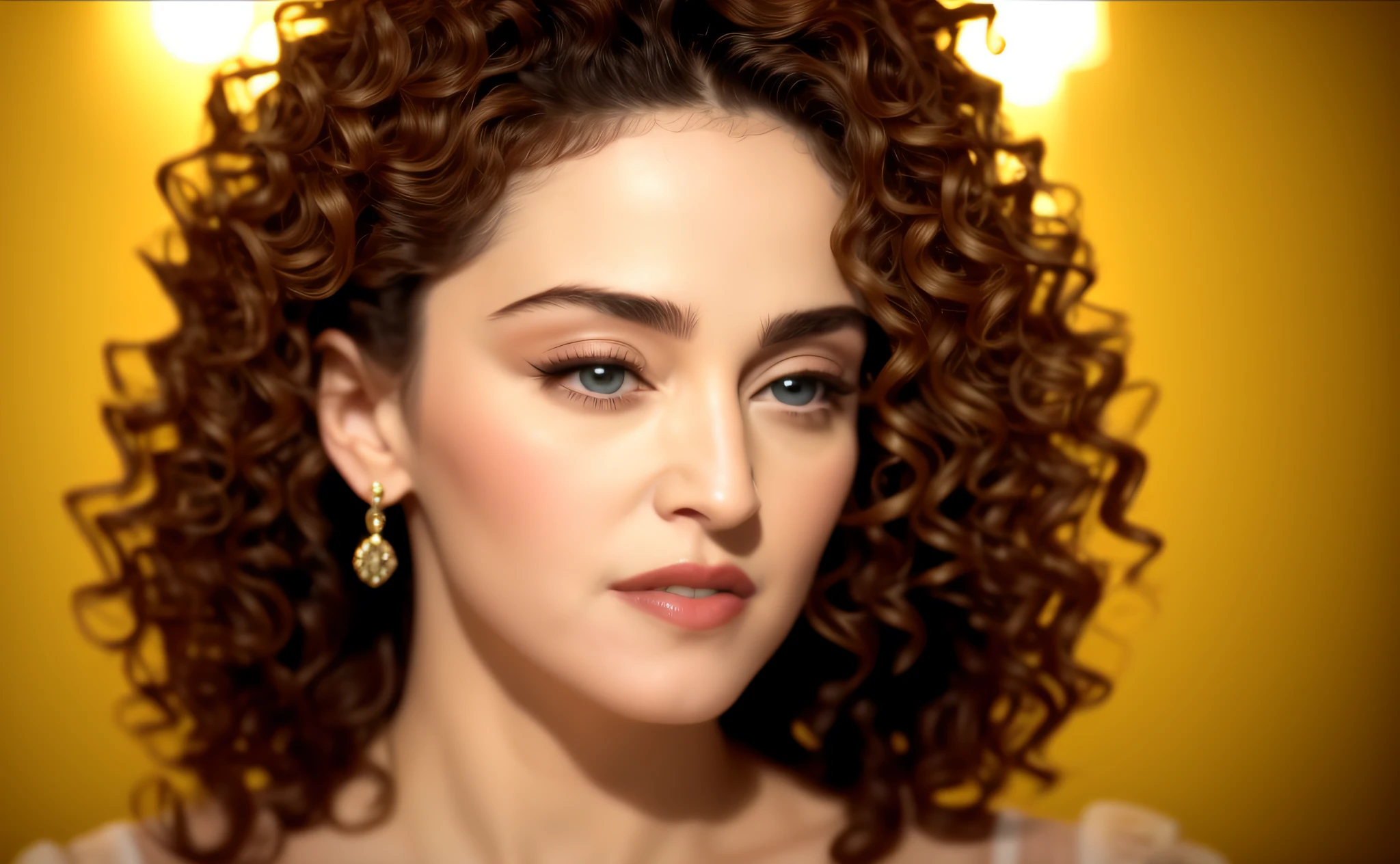 a close up of a woman with a curly hair, madonna, madonna portrait, madonna genderbend elegant, detailed portrait of madonna, 25th anniversary music video, youtube video screenshot, heart shaped face, music video, her face framed with curls, inspired by Winona Nelson, most beautiful woman on earth, crosses in flame in the background, video clip "Like a Prayer", sharp image, 8k