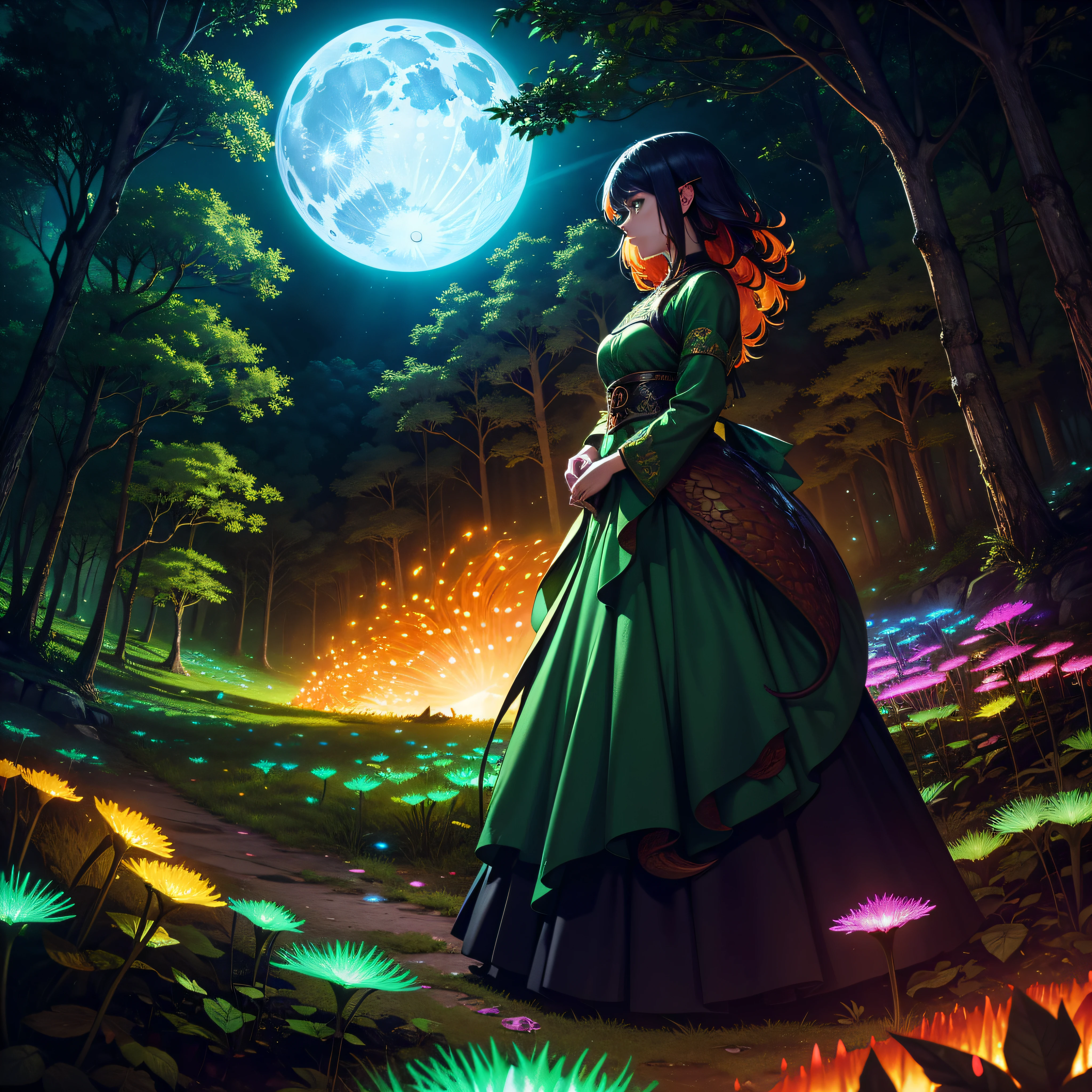 A photograph of a woman made entirely of leaves, standing in a vibrant valley of fluorescent mushrooms with a small dragon curled around her arm. The leaves appear to be blowing away creating a natural phenomenon of colors. The scene includes a full moon and is shot in HDR with a fisheye effect.