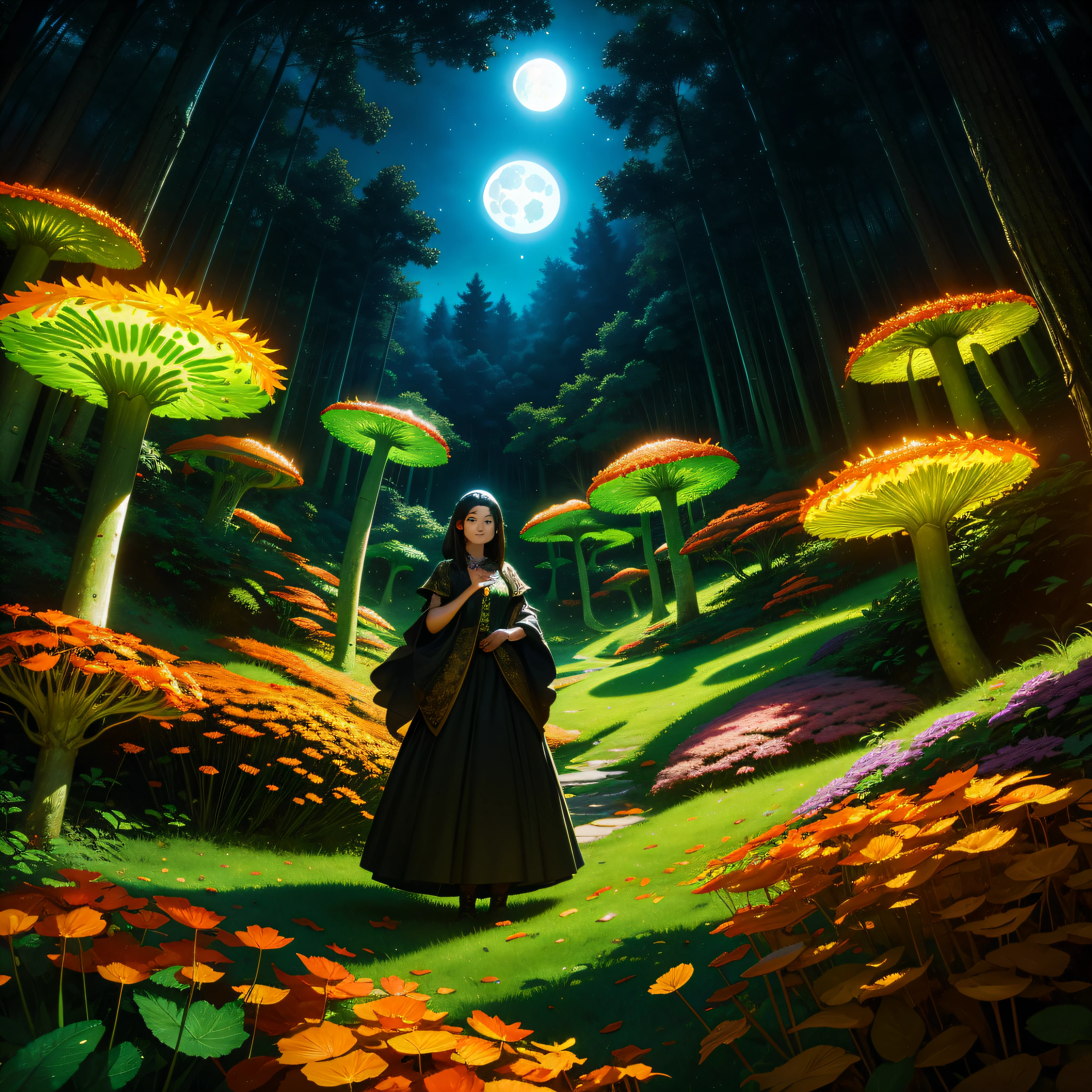 A photograph of a woman made entirely of leaves, standing in a vibrant valley of fluorescent mushrooms with a small dragon curled around her arm. The leaves appear to be blowing away creating a natural phenomenon of colors. The scene includes a full moon and is shot in HDR with a fisheye effect.