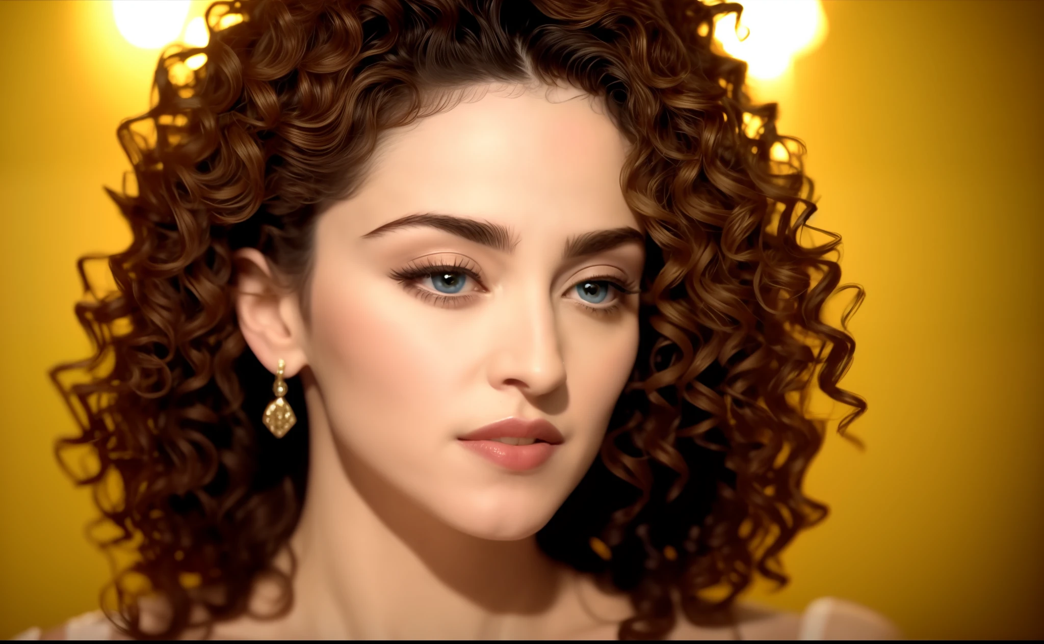 a close up of a woman with a curly hair, madonna, madonna portrait, madonna genderbend elegant, detailed portrait of madonna, 25th anniversary music video, youtube video screenshot, heart shaped face, music video, her face framed with curls, inspired by Winona Nelson, most beautiful woman on earth, crosses in flame in the background, video clip "Like a Prayer", sharp image, 8k