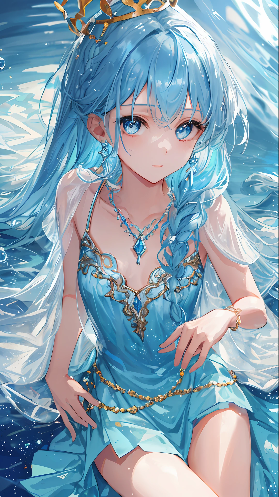 Masterpiece, superb, illustration, saxophone blue, platinum earrings, 1girl, cute, (dynamic light: 1.2), movie light, exquisite facial features, detailed eyes, sharp pupils, realistic pupils, depth of field, background blur, clear focus , (ultra-detailed, halo, glow: 1.4), many small gemstones, a crown woven with golden silk thread is worn in the ice blue hair, the ears behind the hair have pointed ears, the girl has a beautiful face, a pair of The necklace with the blue crystal pendant falls between the collarbone, and below it is the full white chest. She is wearing a water blue long dress, which is exquisite and gorgeous. The skirt has small pendants in the shape of water droplets made of various gemstones