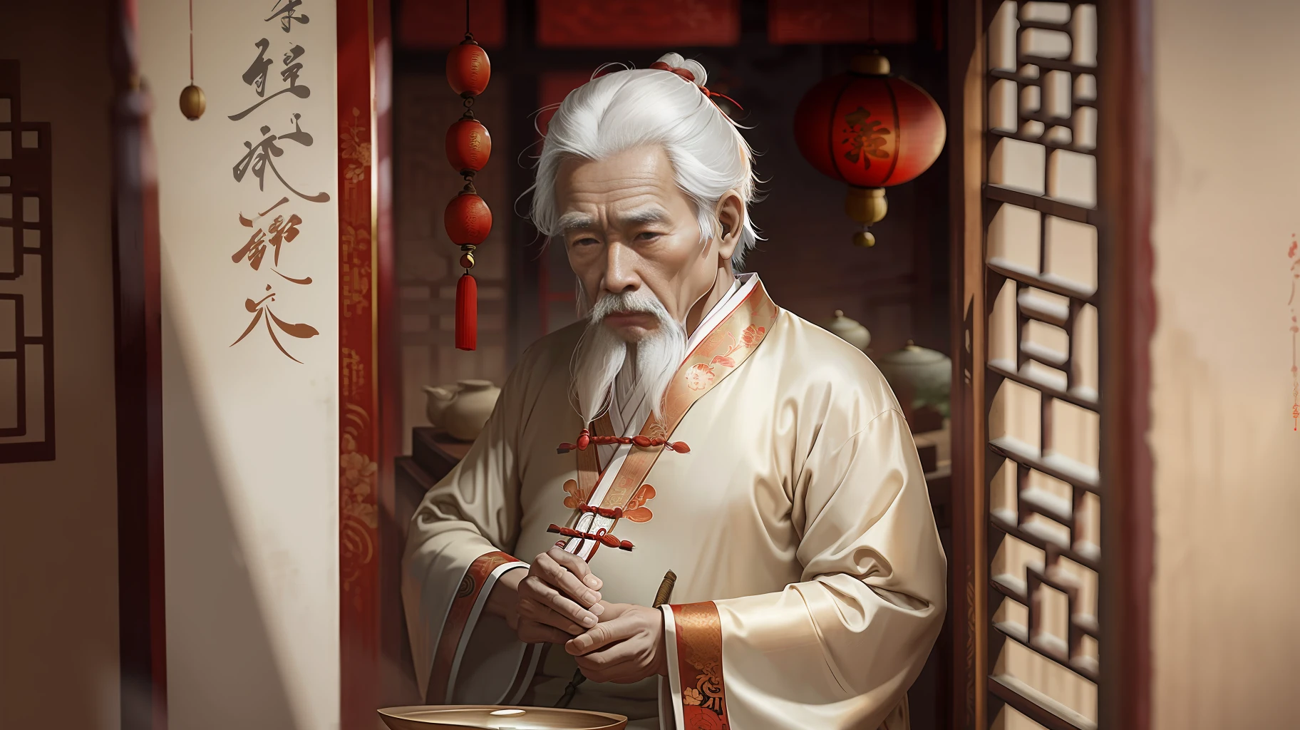 Ancient China, ancient style, old man, wearing simple Han clothes, thin with a sense of sadness, white hair looks particularly fresh. Masterpiece, chinoiserie, best quality. --auto --s2