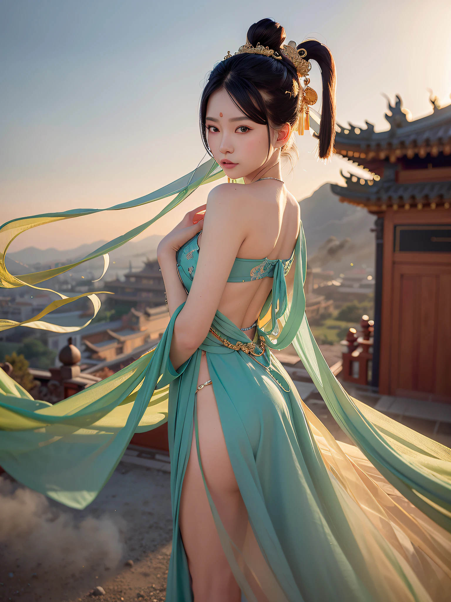 NSFW, Masterpiece, Best Quality, Full Body Shot, (Dark Photo: 1.3), Realistic, 1 Girl, Urzang, (PureErosFace_V1:0.7), 1 Girl Under the Moon ((Flying)), Chinese Immortals, dunhuang_cloths, dunhuang_style, (Chinese palace in the sky in the background: 1.5), (clouds on the ground: 1.5, surrounded by smoke: 1.5), best quality, realistic, realistic, award-winning illustrations, (complex details: 1.2), (fine details), (intricate details), (cinematic light, best quality backlight), clear lines, fashion girl, sharp focus, realistic face, detailed face, official art, Unity 8k wallpaper, super high resolution, (realistic: 1.5), looking at the viewer, ulzzang-6500,