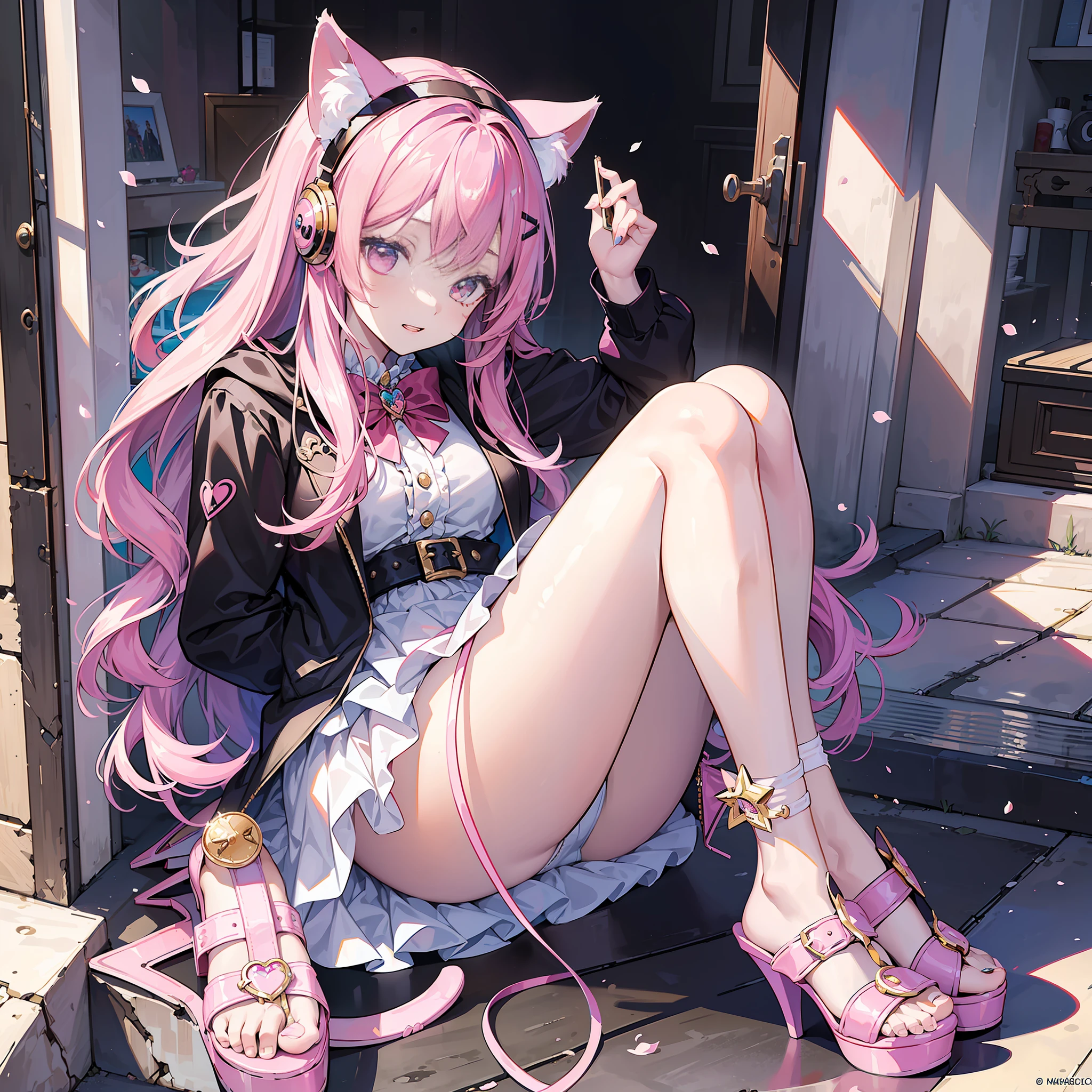 (Masterpiece, Top Quality, Best Quality, Official Art, Beautiful and Aesthetic, 1 Girl, 1:1.2), Fun, Happy, Big Cat Ears, One Cute Girl, Kigurumi, Colorful Hair, Cat, Fluffy, Beautiful Legs, Skinny Jeans, High Heel Sandals, White, Mauve, Pink, Cake, Ice Cream, Cute