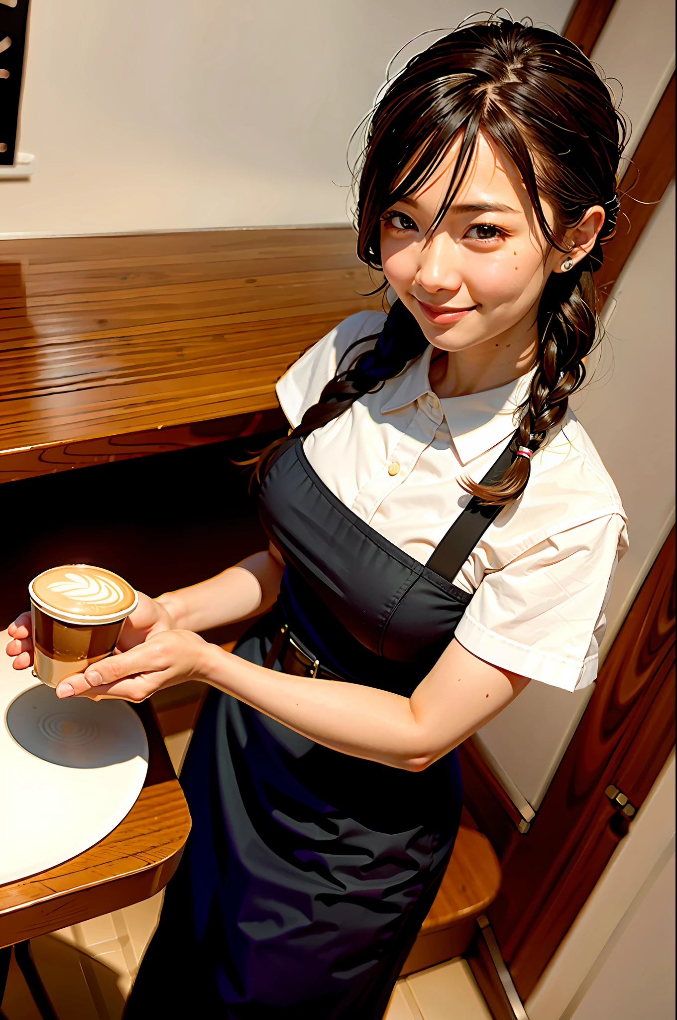 looking at viewer,cinematic light, ultra high res, 8k uhd, film grain, 40 years old cute and beautiful waitress,asian, at cafe,white apron,brown shirts,tan skin,braid, black hair,standing,ultra-detailed eyes, gradient eye,smiles,open mouth,shiny brown eyes, water color background, {{{waitress suit}}},cafe table, guests,foods,cakes,coffee,coffee cups,sfw:1.8,