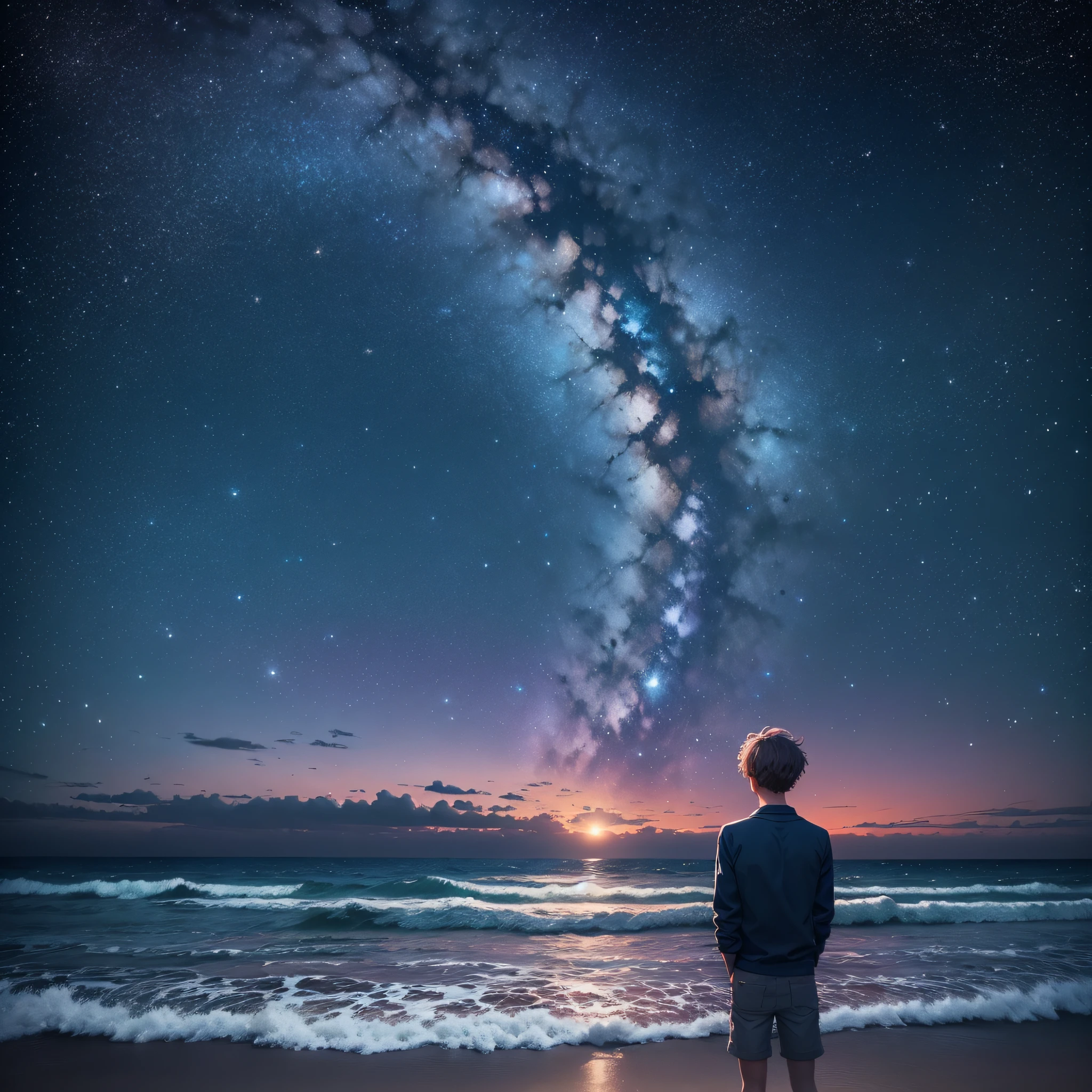 Starry sky, sea, beautiful night, boy's lonely back, vista --auto --s2