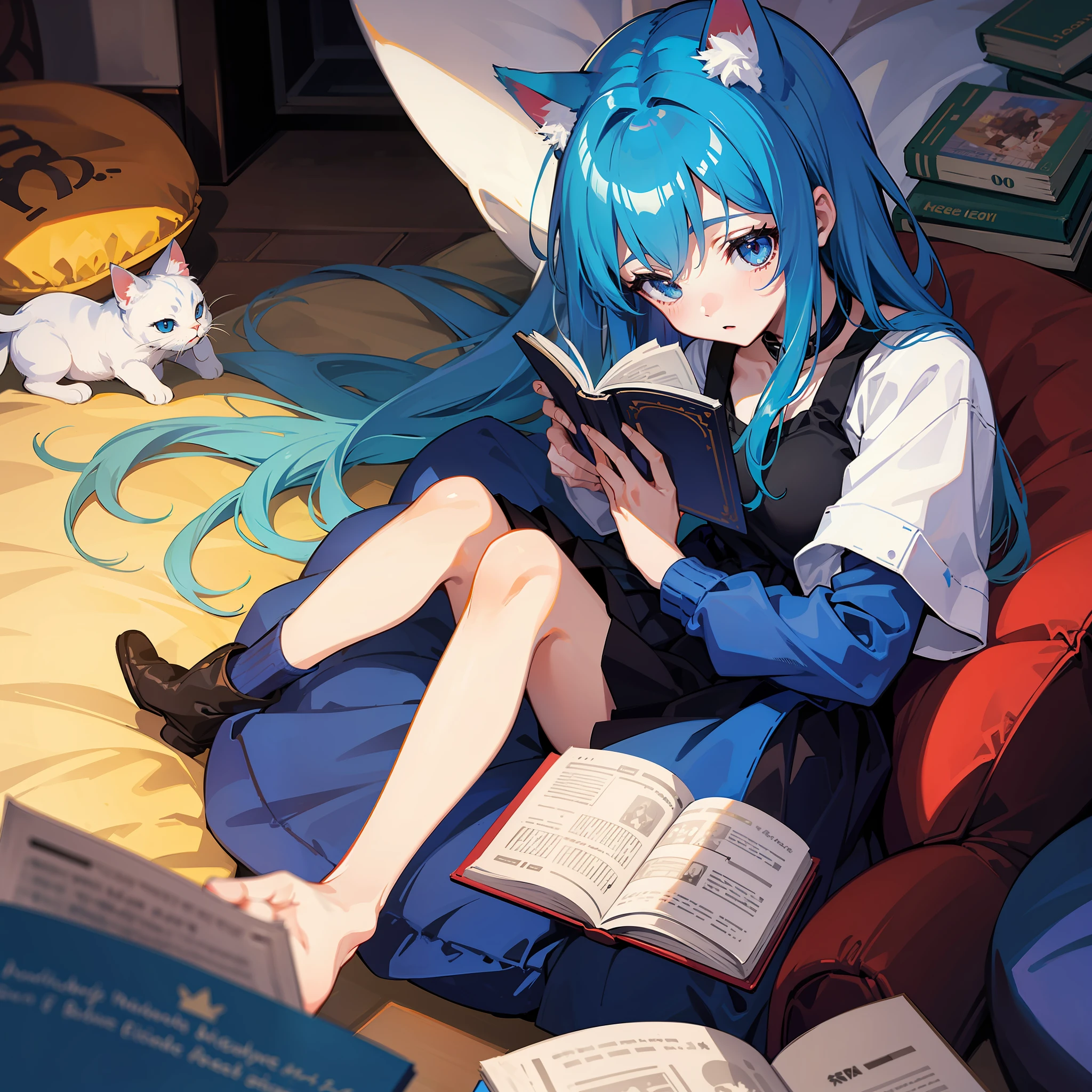 Chat GPT, , girl, blue hair, cat ears, reading a book,