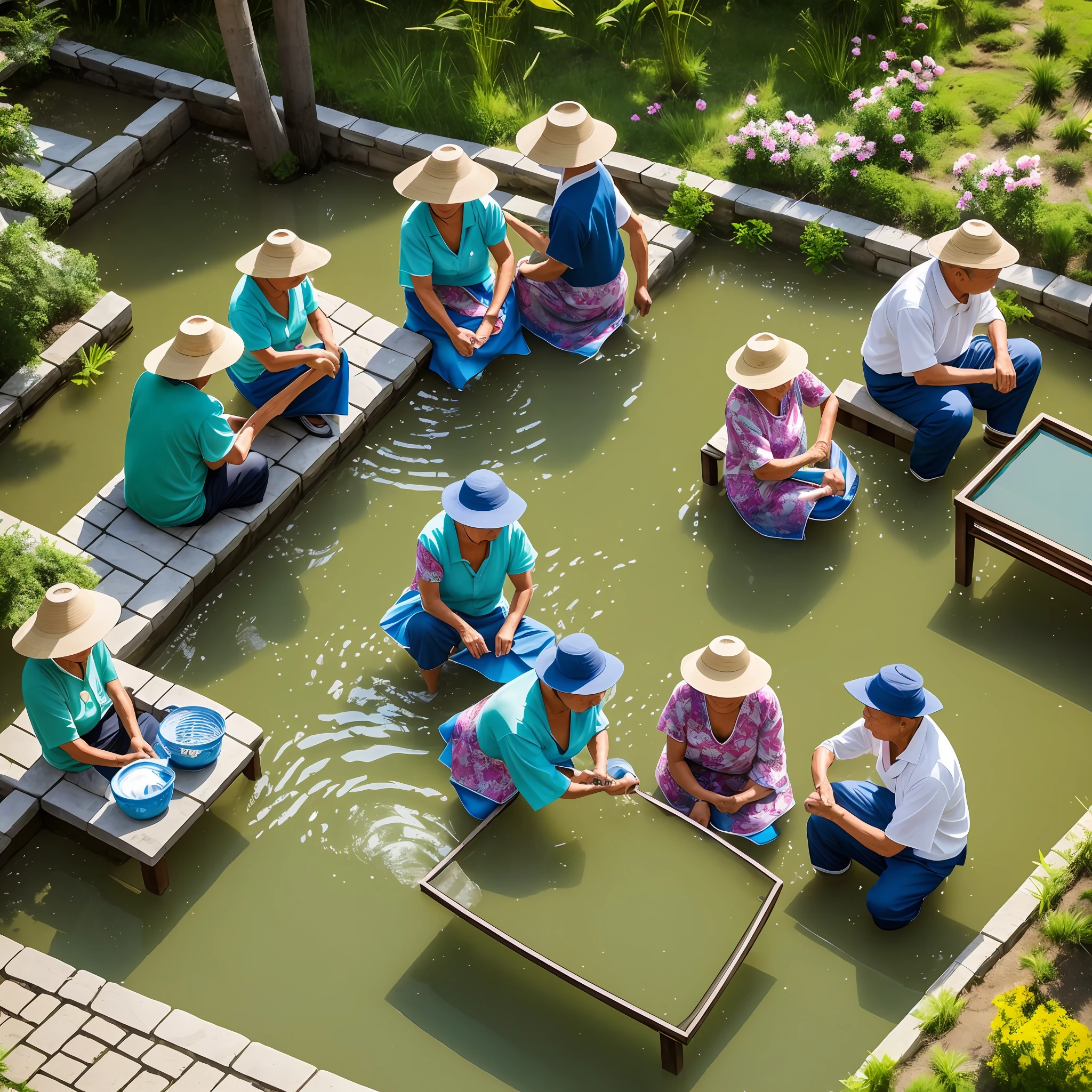 In the Chinese countryside, there is a three-story house with a small pond in front of it. The water in the pond is a vibrant green color. An elderly person is squatting by the shore, washing clothes. In the courtyard, there is a parked Mercedes-Benz SUV, and several elderly people are sitting under the sunlight, chatting and laughing.8K, ultra-high detail, lifelike, cinematic tones, aerial perspective. --auto --s2
