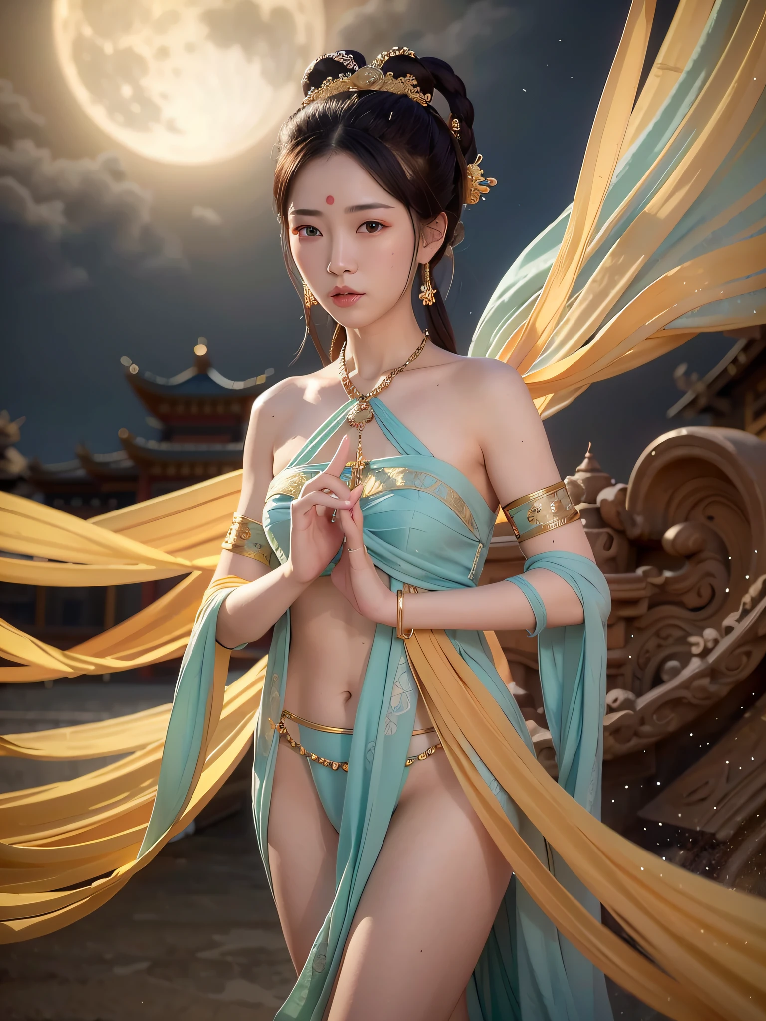 NSFW, Masterpiece, Best Quality, Full Body Shot, (Dark Photo: 1.3), Realistic, 1 Girl, Urzang, (PureErosFace_V1:0.7), 1 Girl Under the Moon ((Flying)), Chinese Immortals, dunhuang_cloths, dunhuang_style, (Chinese palace in the sky in the background: 1.5), (clouds on the ground: 1.5, surrounded by smoke: 1.5), best quality, realistic, realistic, award-winning illustrations, (complex details: 1.2), (fine details), (intricate details), (cinematic light, best quality backlight), clear lines, fashion girl, sharp focus, realistic face, detailed face, official art, Unity 8k wallpaper, super high resolution, (realistic: 1.5), looking at the viewer, ulzzang-6500，