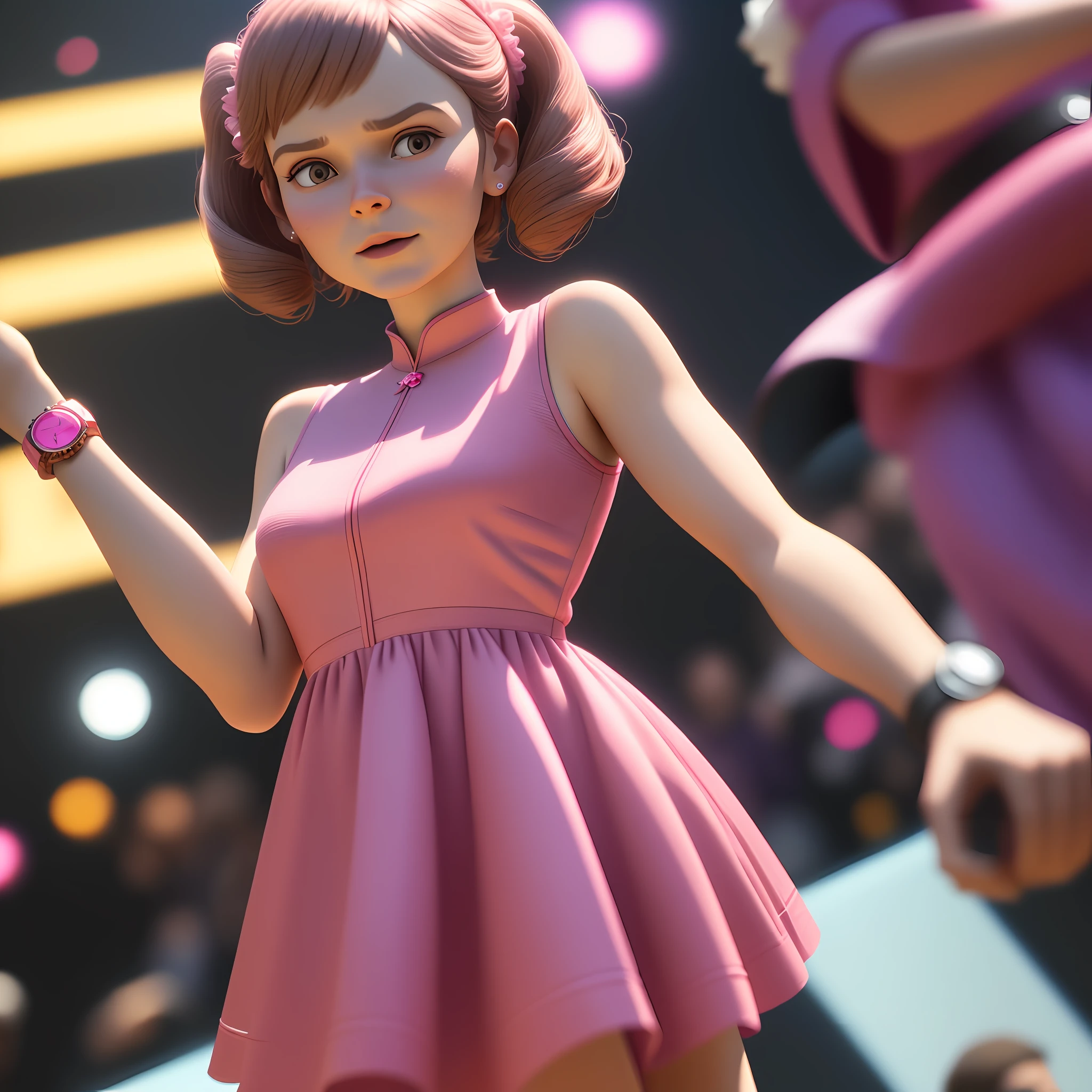 Close-up of a woman wearing a watch and pink dress, keeping movements, expressions, costumes, shapes and photos consistent, 3D characters from Disney Pixar, super detail blender, soft light, IP, blind box, movie edge lighting, romantic scenes