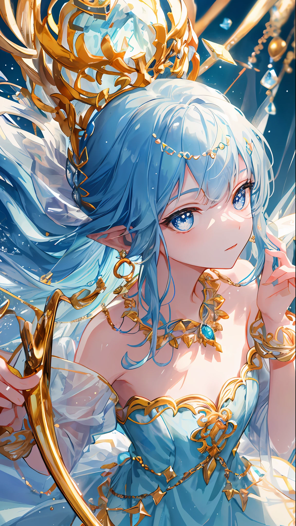 Masterpiece, superb, illustration, saxophone blue, platinum earrings, 1girl, cute, (dynamic light: 1.2), movie light, exquisite facial features, detailed eyes, sharp pupils, realistic pupils, depth of field, background blur, clear focus , (ultra-detailed, halo, glow: 1.4), many small gemstones, a crown woven with golden silk thread is worn in the ice blue hair, the ears behind the hair have pointed ears, the girl has a beautiful face, a pair of The necklace with the blue crystal pendant falls between the collarbone, and below it is the full white chest. She is wearing a water blue long dress, which is exquisite and gorgeous. The skirt has small pendants in the shape of water droplets made of various gemstones