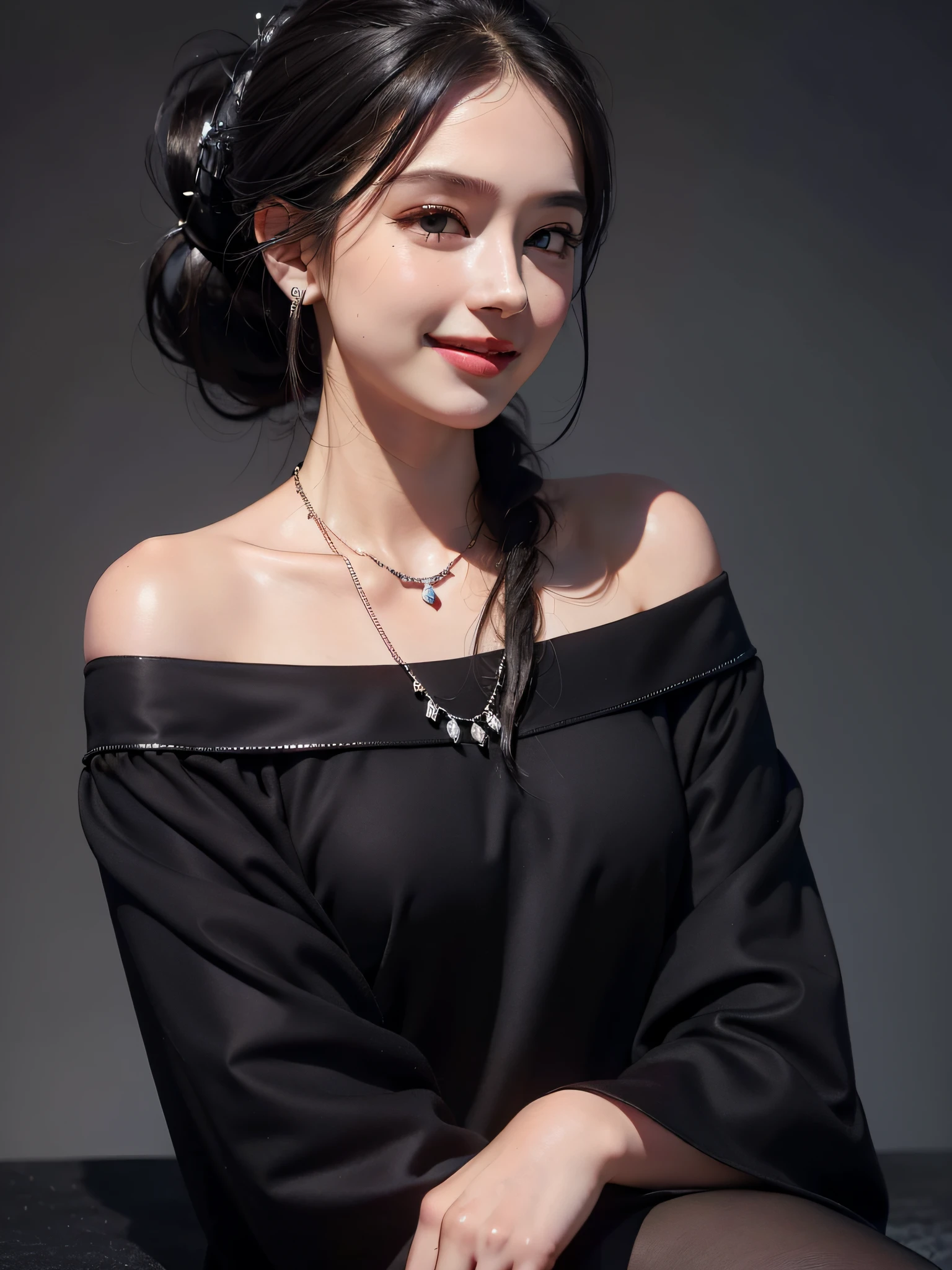 Top Quality, Masterpiece, Ultra High Definition, (Photorealistic: 1.4), Raw Photo, 1 Girl, Off Shoulder, ((((Dark)))), (Deep Shadow)))), ((Low Key)), (((Cold Light)), Black Hair Ponytail, Hair Ornament, Necklace, Smile