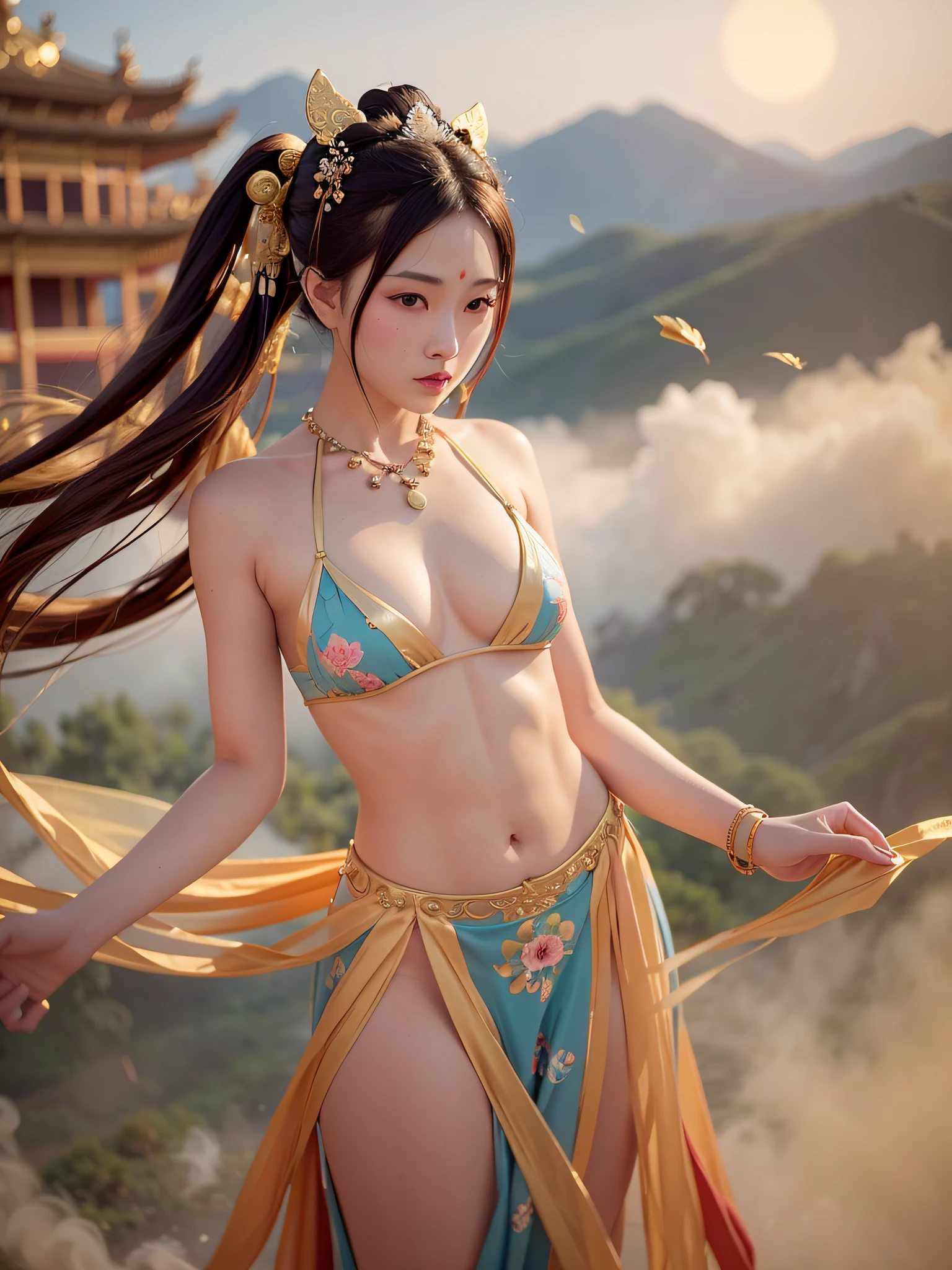 NSFW, Masterpiece, Best Quality, Full Body Shot, Costume, Realistic, 1 Girl, Urzang, (PureErosFace_V1:0.7), 1 Girl Under the Moon ((Flying)), Chinese Immortal, dunhuang_cloths, dunhuang_style, (Chinese palace in the sky in the background: 1.5), (clouds on the ground: 1.5, surrounded by smoke: 1.5), best quality, realistic, realistic, award-winning illustrations, (complex details: 1.2), (fine details), (intricate details), (cinematic light, best quality backlight), clear lines, fashion girl, sharp focus, realistic face, detailed face, official art, Unity 8k wallpaper, super high resolution, (realistic: 1.5), looking at the viewer, ulzzang-6500，