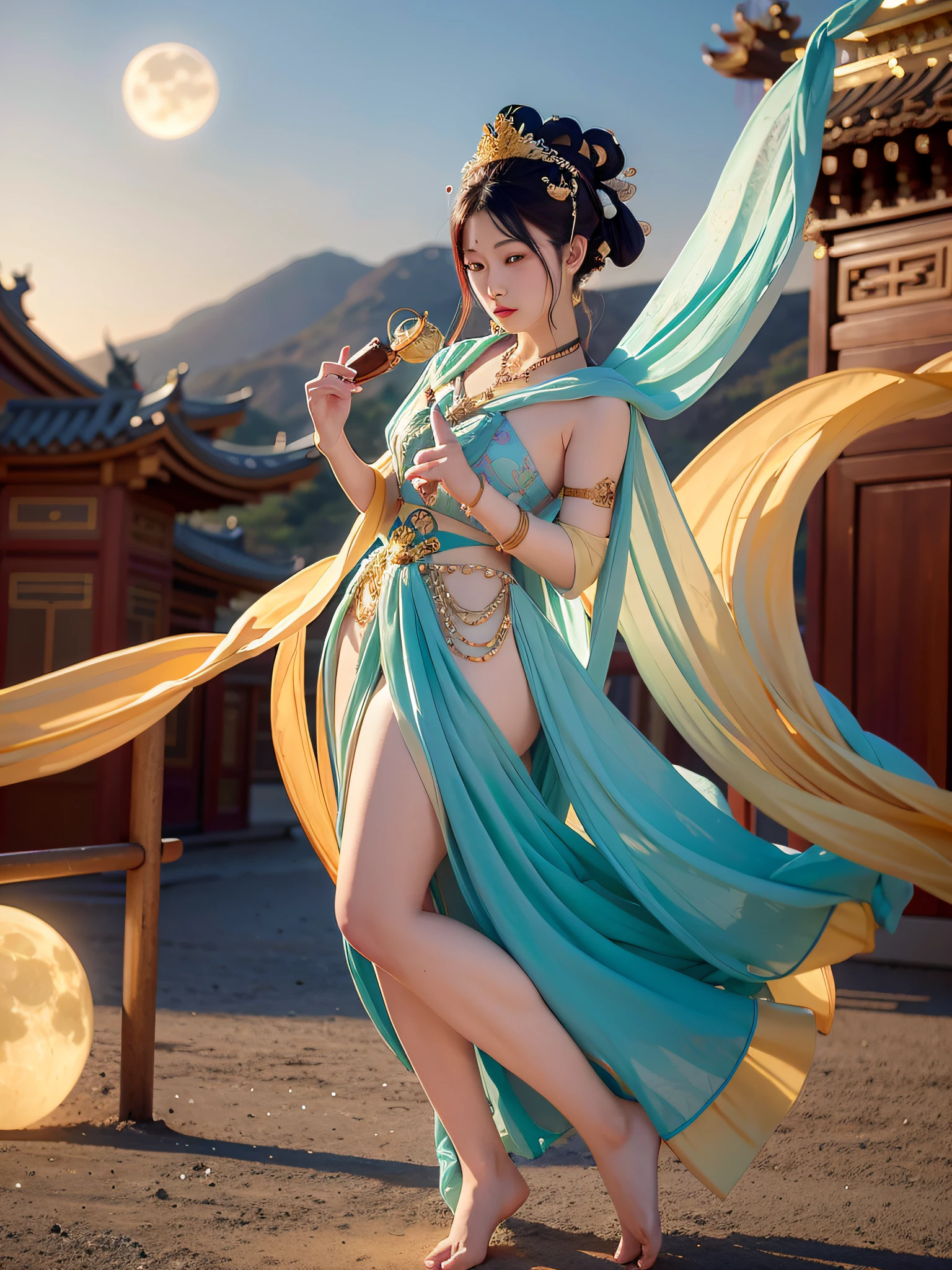 NSFW, Masterpiece, Best Quality, Full Body Shot, Costume, Realistic, 1 Girl, Urzang, (PureErosFace_V1:0.7), 1 Girl Under the Moon ((Flying)), Chinese Immortal, dunhuang_cloths, dunhuang_style, (Chinese palace in the sky in the background: 1.5), (clouds on the ground: 1.5, surrounded by smoke: 1.5), best quality, realistic, realistic, award-winning illustrations, (complex details: 1.2), (fine details), (intricate details), (cinematic light, best quality backlight), clear lines, fashion girl, sharp focus, realistic face, detailed face, official art, Unity 8k wallpaper, super high resolution, (realistic: 1.5), looking at the viewer, ulzzang-6500,