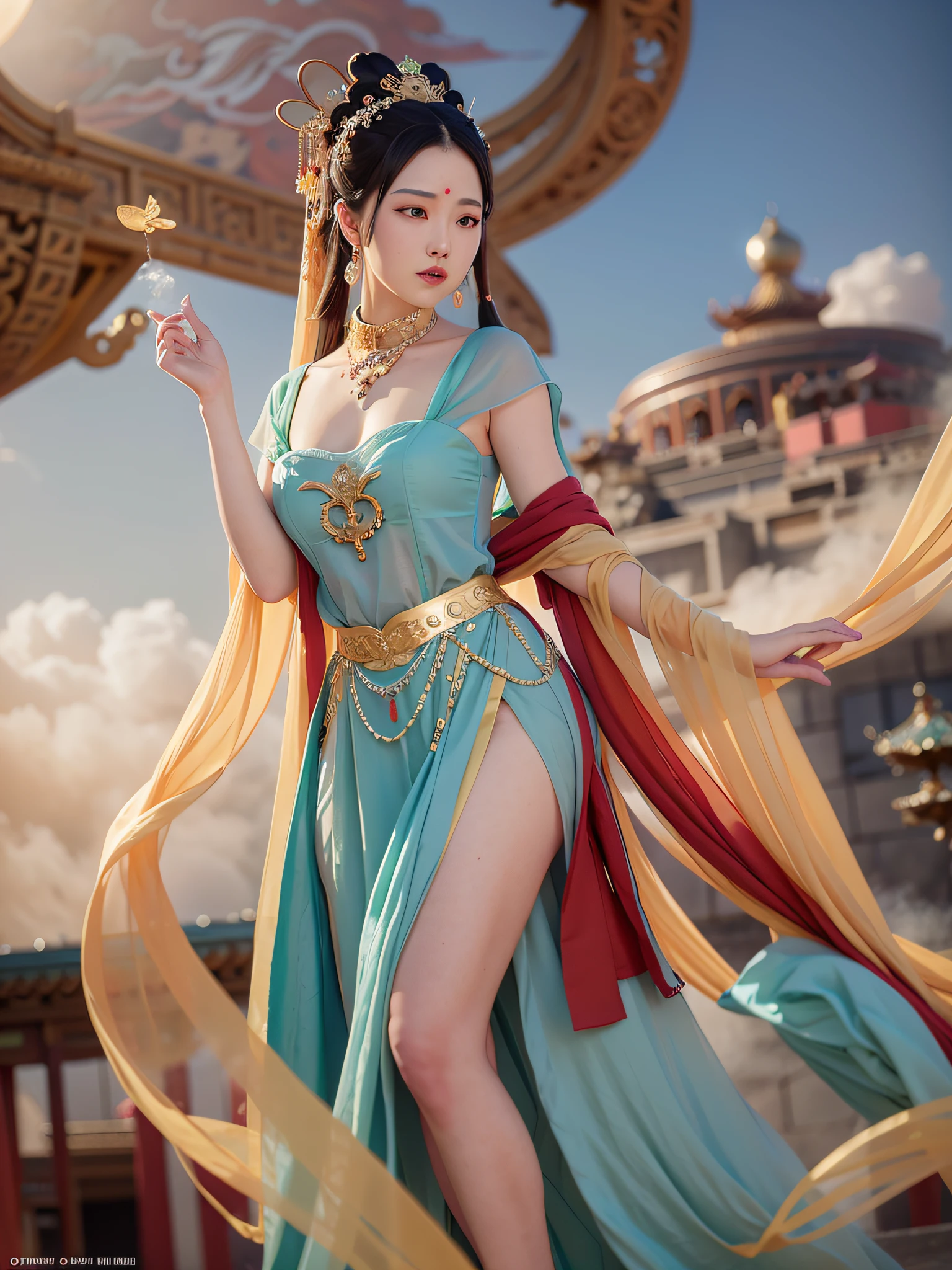NSFW, Masterpiece, Best Quality, Full Body Shot, Costume, Realistic, 1 Girl, Urzang, (PureErosFace_V1:0.7), 1 Girl Under the Moon ((Flying)), Chinese Immortal, dunhuang_cloths, dunhuang_style, (Chinese palace in the sky in the background: 1.5), (clouds on the ground: 1.5, surrounded by smoke: 1.5), best quality, realistic, realistic, award-winning illustrations, (complex details: 1.2), (fine details), (intricate details), (cinematic light, best quality backlight), clear lines, fashion girl, sharp focus, realistic face, detailed face, official art, Unity 8k wallpaper, super high resolution, (realistic: 1.5), looking at the viewer, ulzzang-6500，