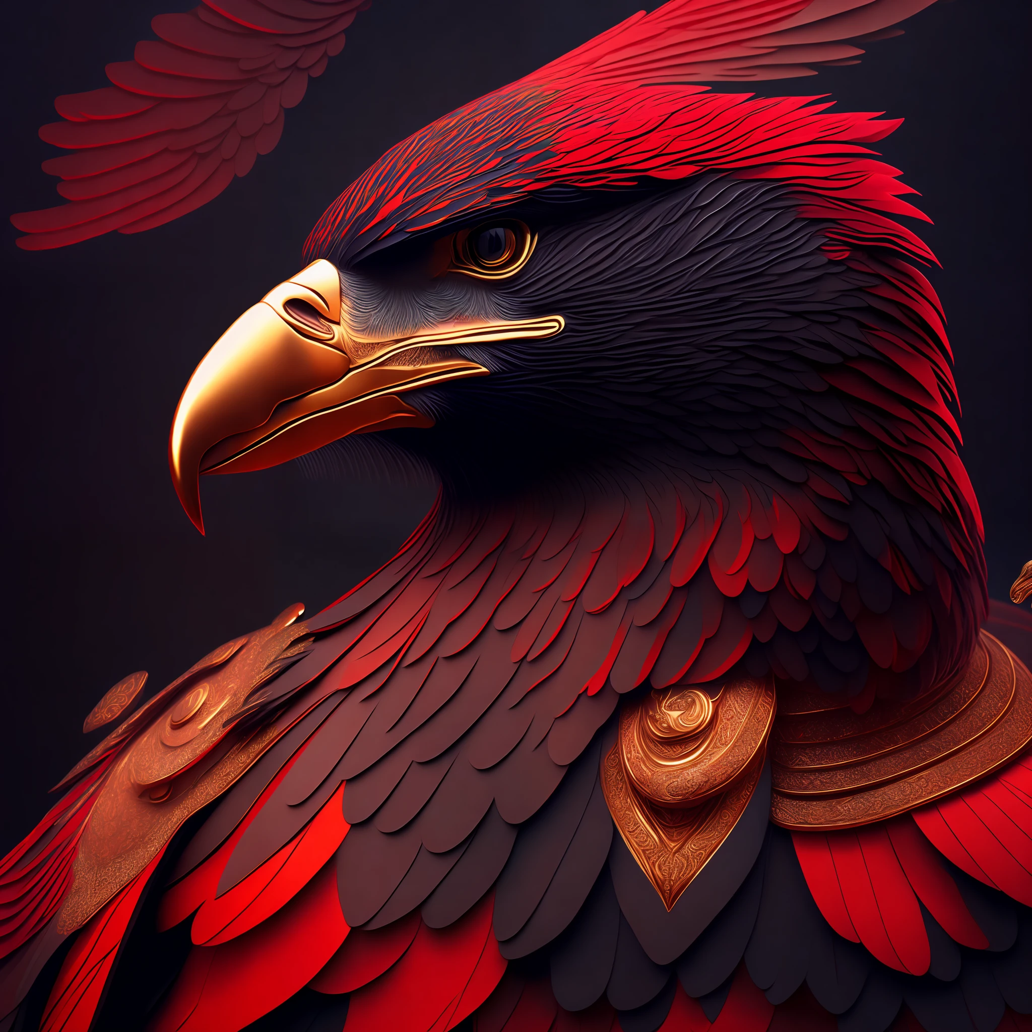 intricate and colorful, (digital painting:1.2) giant eagle, scarlet and gold plumage, head on, flying with talons extended, concept art, octane render, trending on artstation,  iolibt, vfx, Blender and Photoshop, octane render, excellent composition, cinematic atmosphere, dynamic dramatic cinematic lighting, aesthetic, very inspirational, arthouse