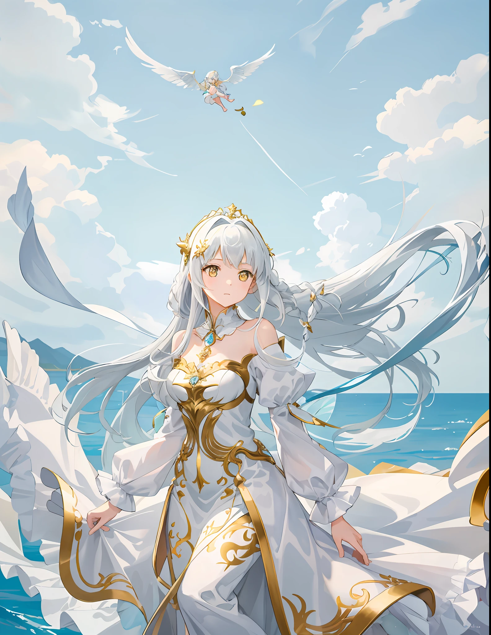 Masterpiece-level CG artwork with fresh and soft painting style. The theme is a beautiful girl with a fairy spirit, with golden eyes and fair skin, a fringed white dress flapping in the wind, long white hair hanging down, looking up at the sky in a very graceful posture, the hair is blown by the wind Flowing, side braids are elegant and alluring. The unique composition of the upper body of the picture highlights the exquisite beauty of the beautiful girl, with endless charm in simplicity.