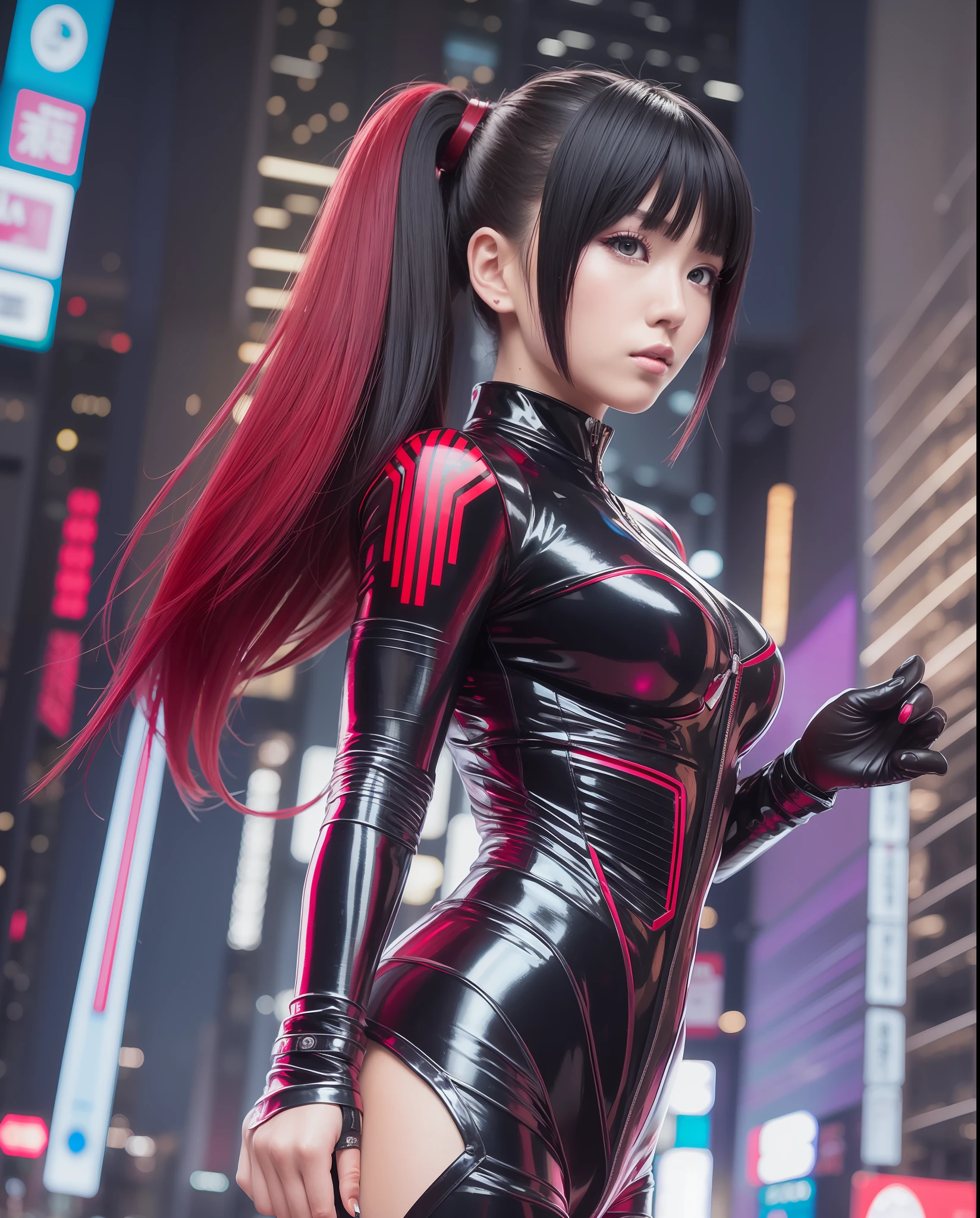 Young and beautiful Taiwanese woman in shiny red and black futuristic clothes as cyberpunk character in neonninja style, futuristic city. Red neon color, 26-year-old gravure idol, hair mixed with red, black and silver, emphasis on coolness, provocative expression, night, glittering red neon, futuristic, concept art, blade runner worldview, Ghost in the Shell worldview, painting, illuminated, close-up, detail, sparkling.
