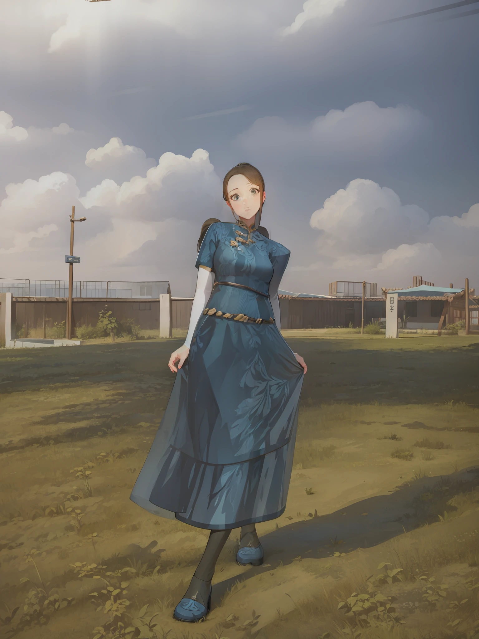 masterpiece, best quality, 1girl, solo, full body, (running:1.2), fields, ponytail, accessory, facing camera, outdoors, ancient china, countryside, green hills, forest,