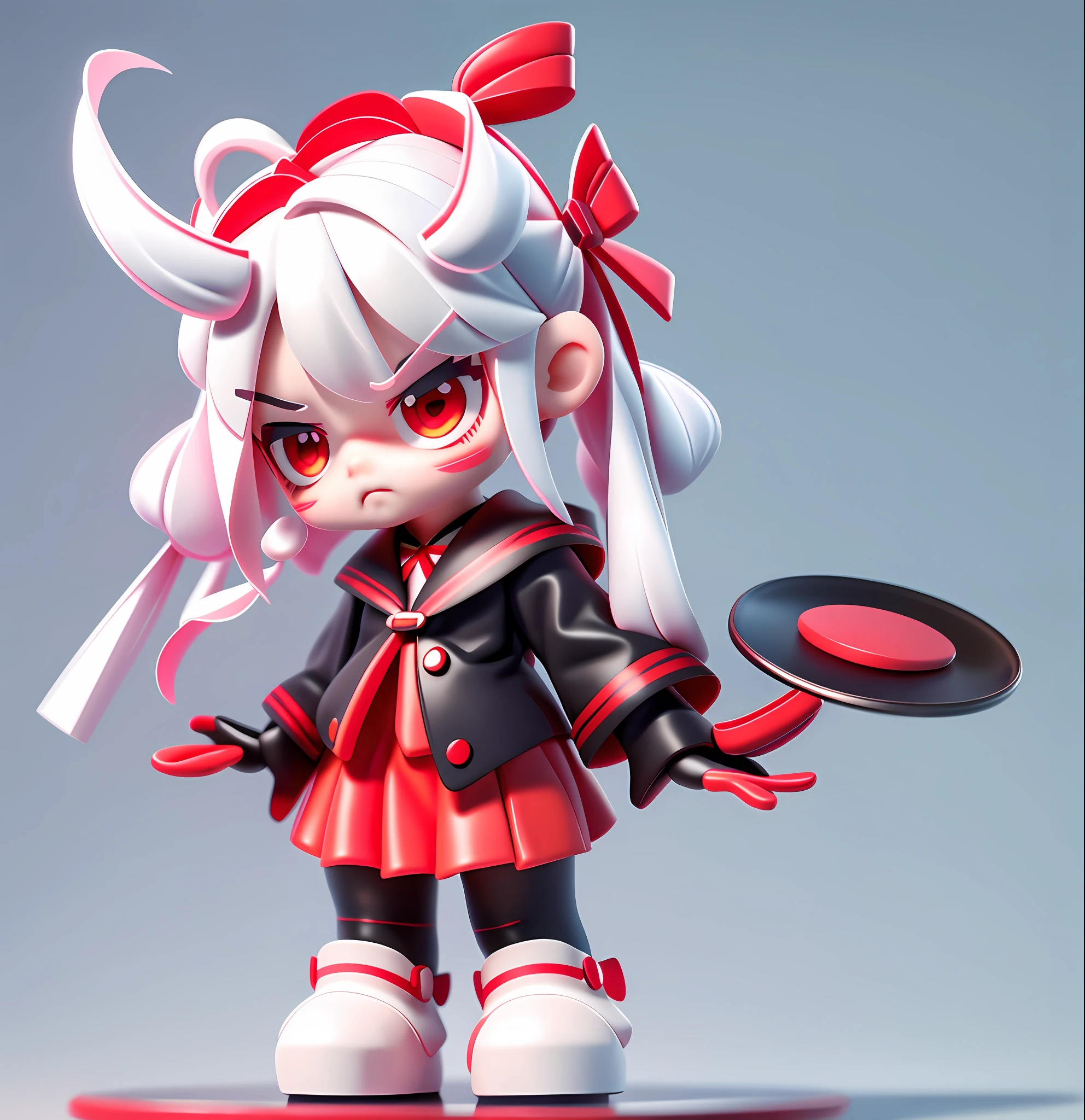 Little girl, clean background, white hair, pigtails, bangs, red bow streamers, serious expression, red and black sailor suit, black short skirt, long sleeves, black leather shoes, hands drooping, there is an empty plate at fingertips, standing, blush, red eyes, full body 3D rendering, tide play blind box