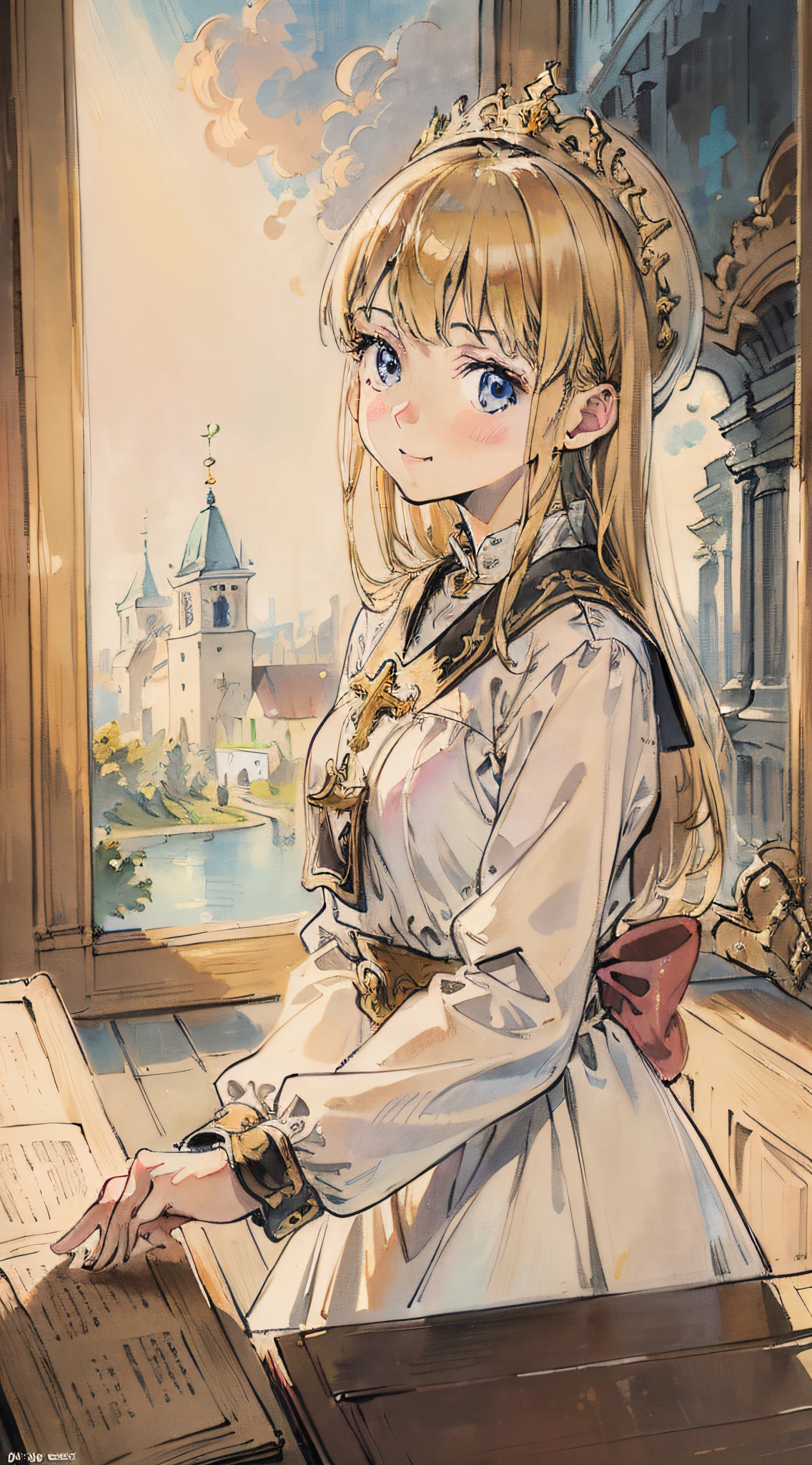 Masterpiece, top quality, 12 years old, very delicate and beautiful girl, praise, cross, very delicate and beautiful, super definition, top quality, blonde, high resolution, very elaborate, girl, school, highest quality, illustration, viewer watching, gorgeous church, impasto, oil painting, realism, realistic, long hair, smile