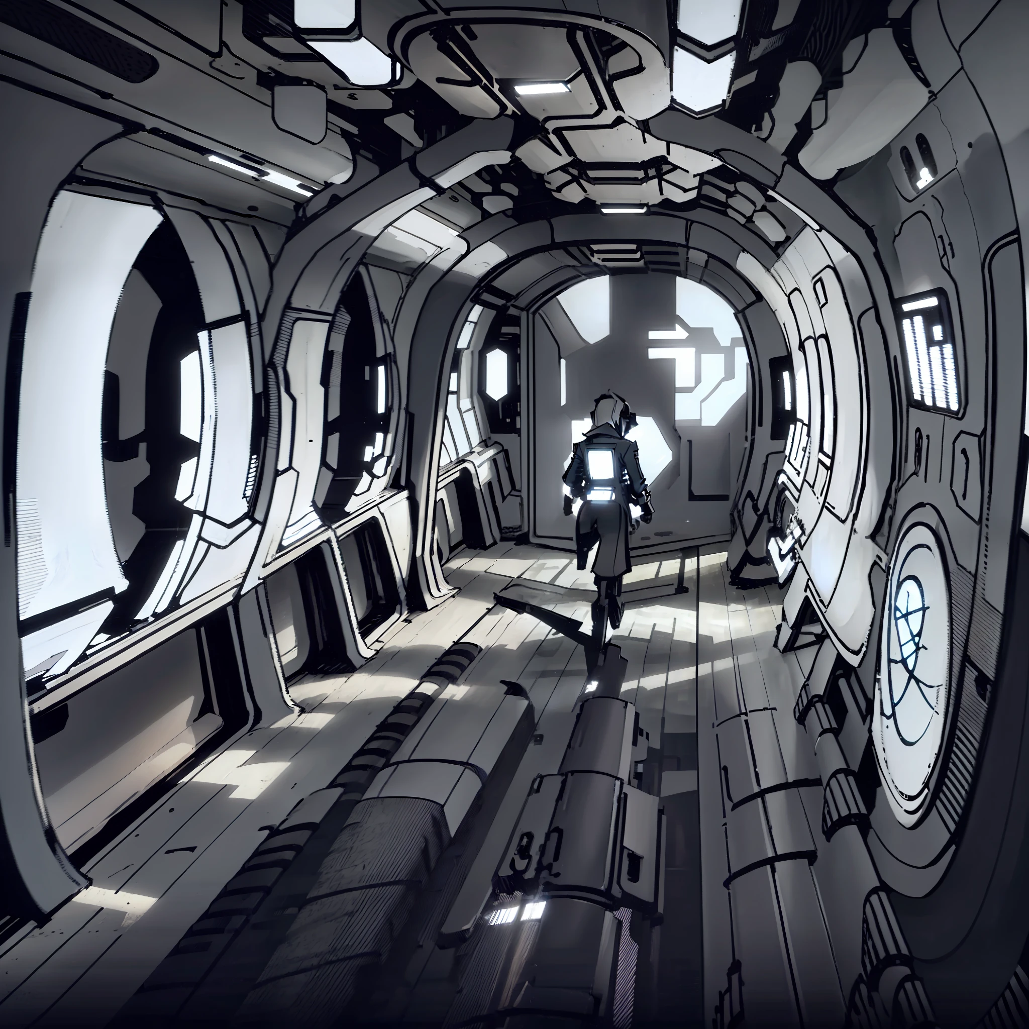 there is a long hallway with many windows and a person walking, spaceship hallway, space station interior, futuristic space ship interrior, in a futuristic spaceship, inside a spaceship, inside a space ship, interior of an alien spaceship, high tech space ship interior, spaceship interior, inside a space station, detailed spaceship interior, sci - fi interior, spaceship hallway background