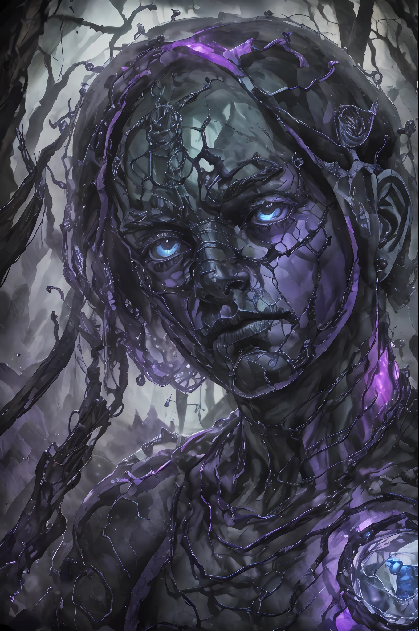 a translucent Golem made with marbles, in dark purple and bluish colours. Ropes of leds as veins. He looks scary, lifeless eyes, expressionless face. Chiaroscuro. Backlight illumination by sunlight filtering through the forest. --auto --s2