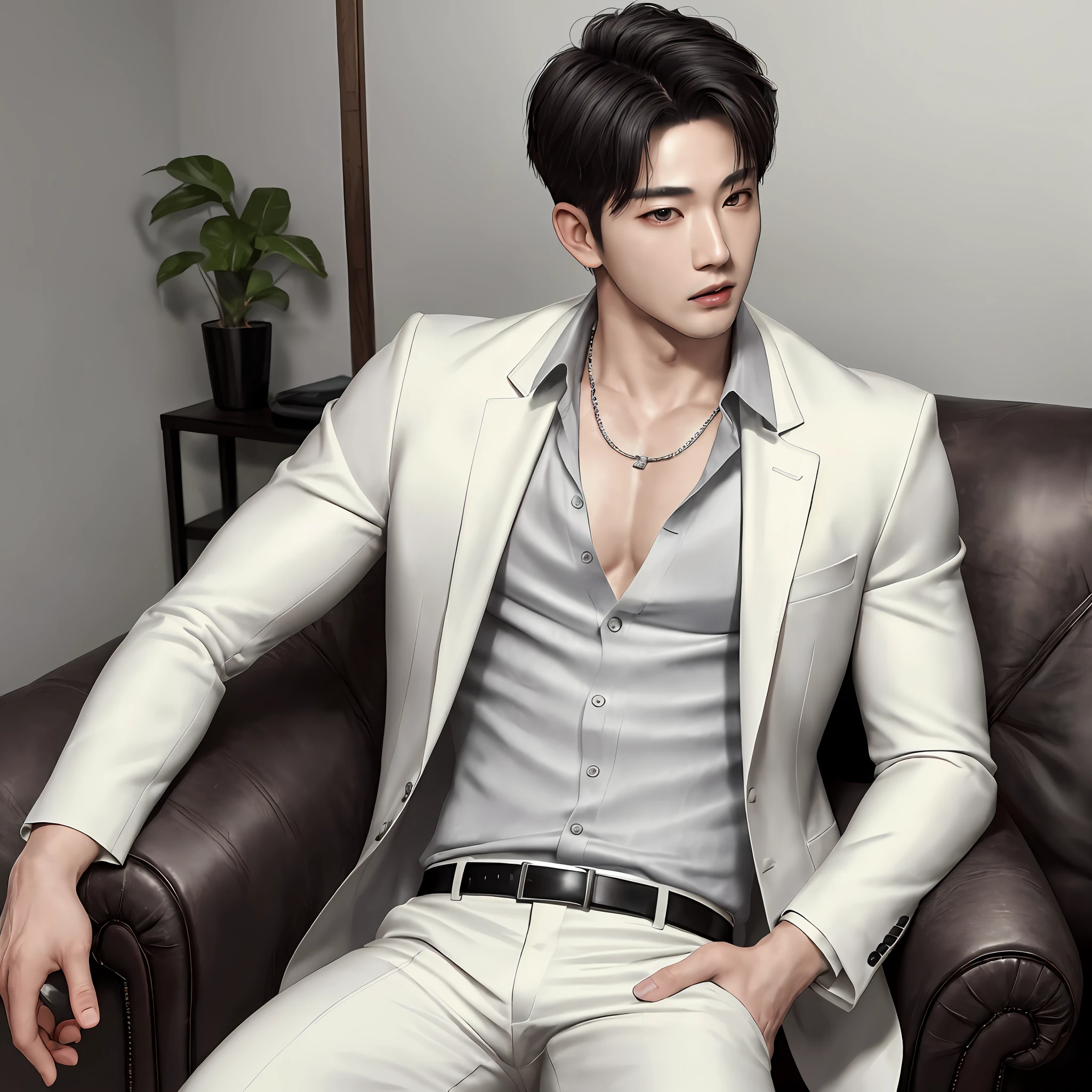 (8k photo, best quality, mastery:1.2),(realistic, photo-realistic:1.37) young, handsome, Mark Tuan, Got7, white skin, detailed face, gray bright eyes, white hair, black suit, bad boy, yakuza, tattoo, necklace, best quality, super resolution, super detail, realistic, he wears white shirt, white pants. Real photo, Peng Yuyan, a handsome Korean man with thick eyebrows, staring eyes, brown skin, shiny skin, black hair. Half-portrait, medium length close-up