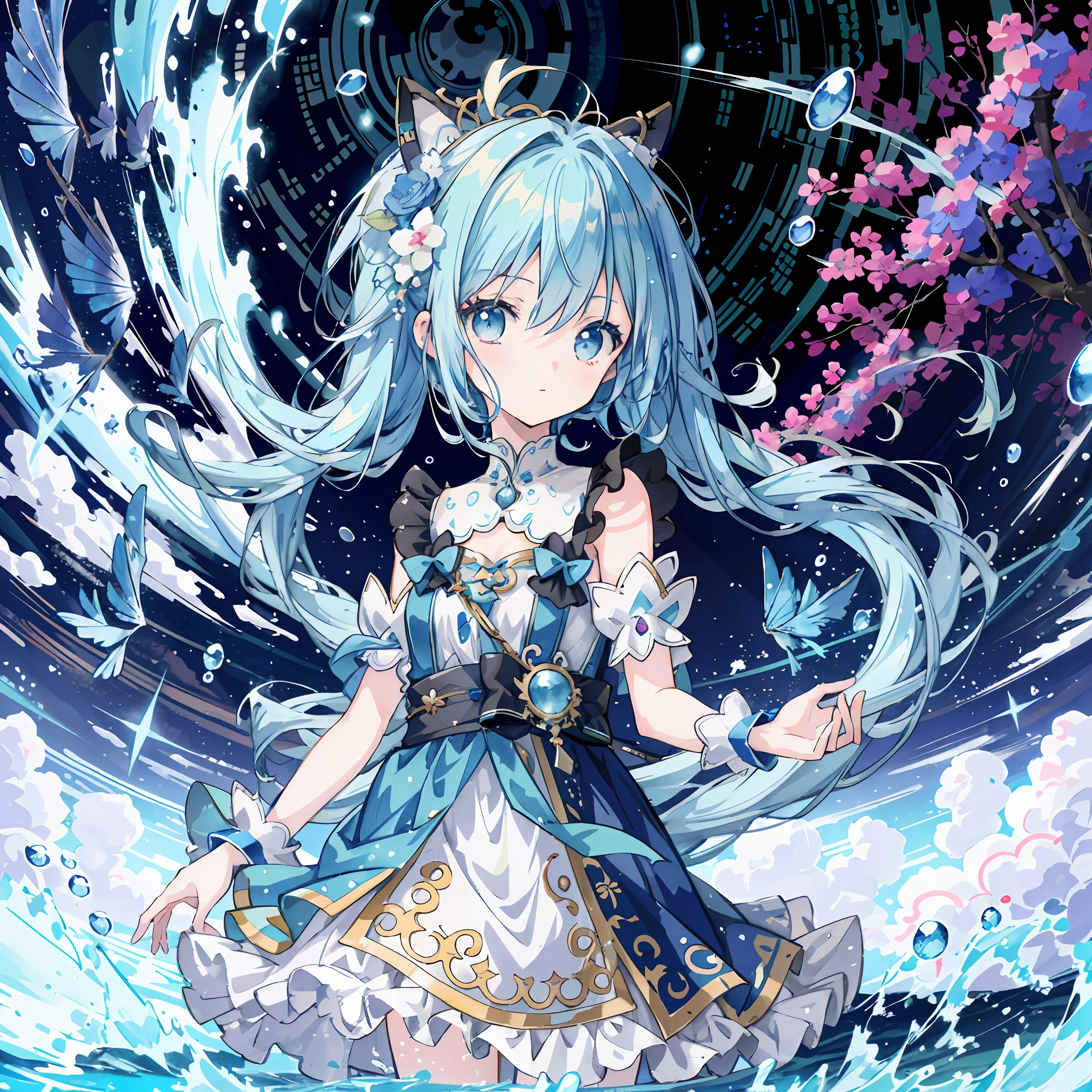 Anime girl standing in water with long blue hair and blue dress, splash art anime ****, high detail official artwork, detailed key anime art, official artwork, wallpaper anime blue water, beautiful fantasy anime, blue hair god, official anime artwork, cute anime waifu in beautiful clothes, trend in artstation pixiv, anime art wallpaper 8 K, mikudayo