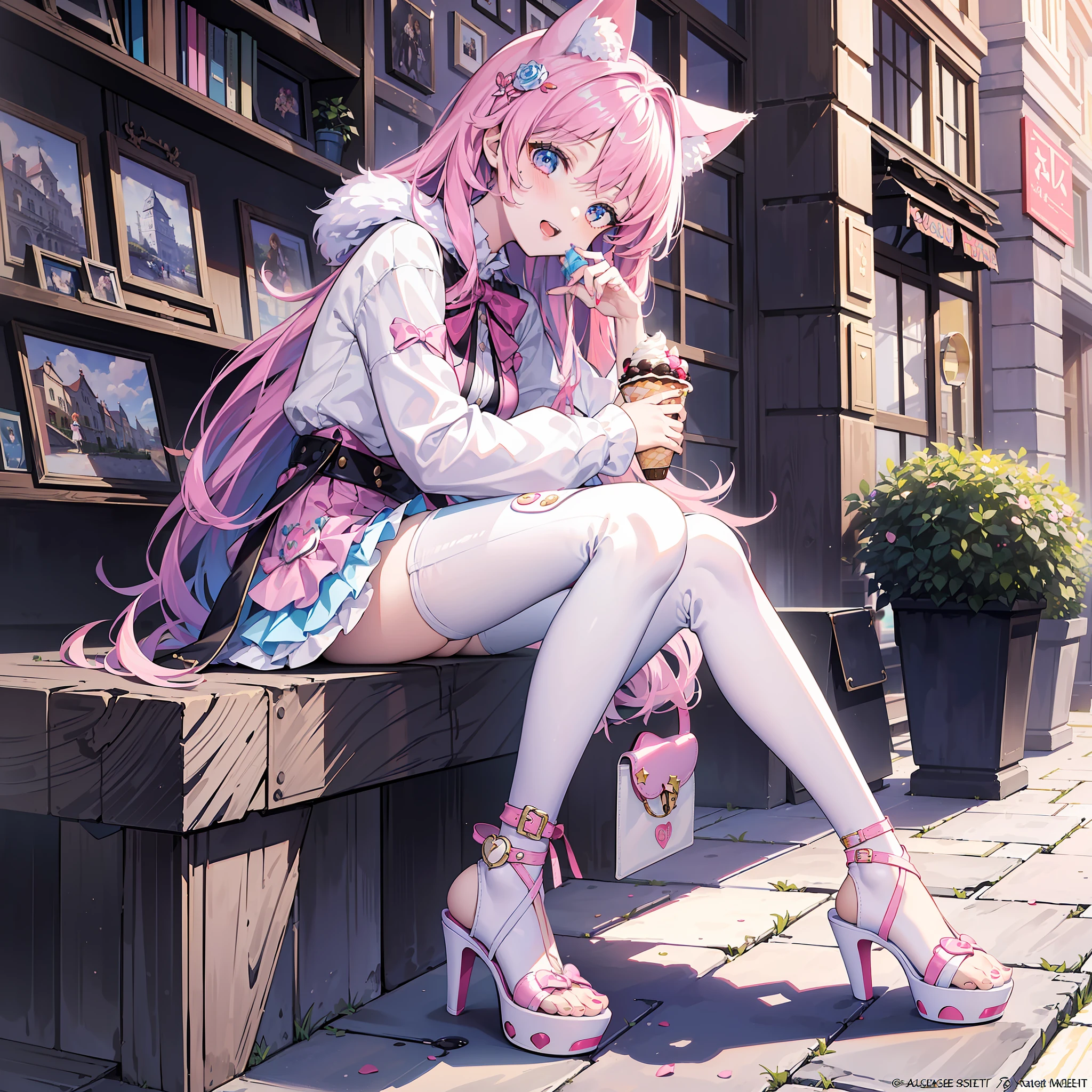 (Masterpiece, Top Quality, Best Quality, Official Art, Beautiful and Aesthetic, 1 Girl, 1:1.2), Fun, Happy, Big Cat Ears, One Cute Girl, Kigurumi, Colorful Hair, Cat, Fluffy, Beautiful Legs, Skinny Jeans, High Heel Sandals, White, Mauve, Pink, Cake, Ice Cream, Cute