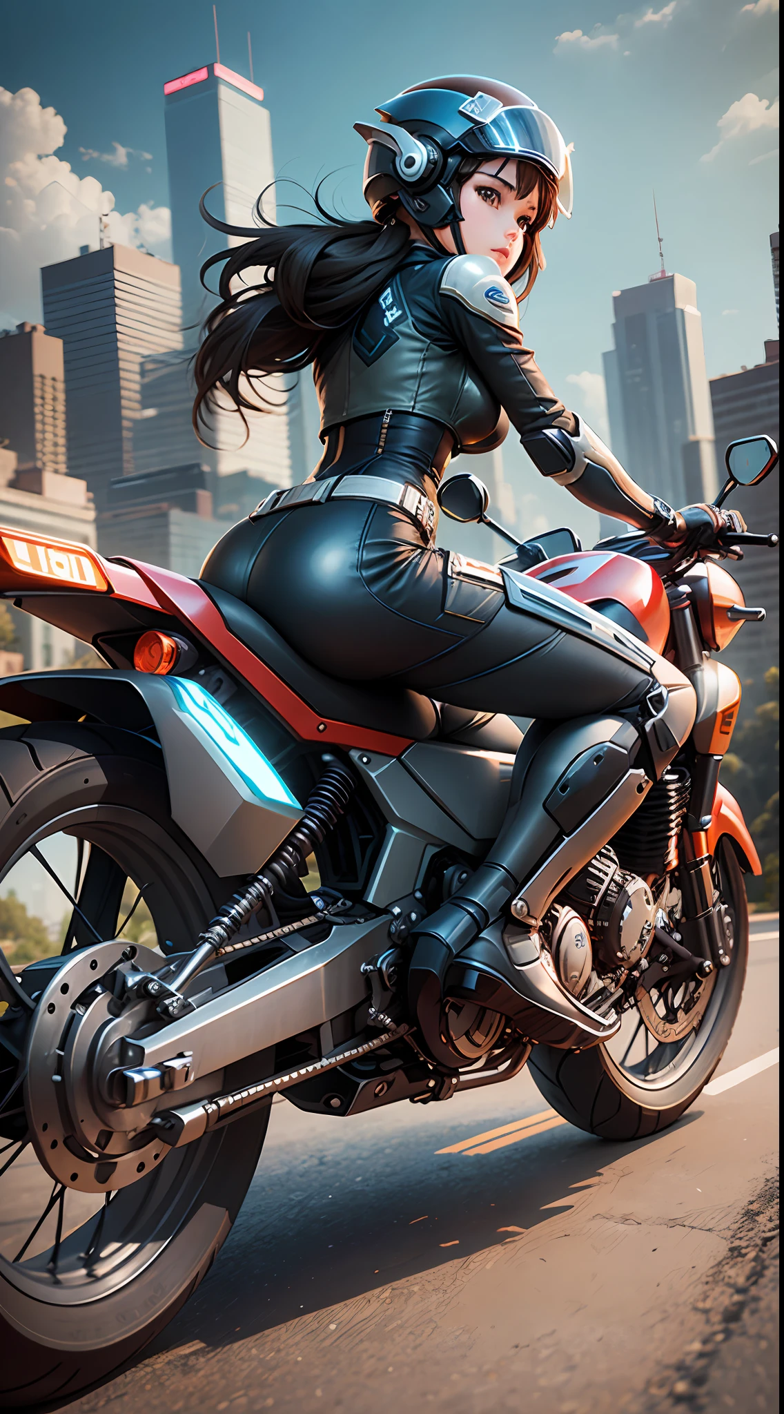Girl in mecha, sitting on a motorcycle, with helmet, HD, CG animation, game characters, light and shadow, three-dimensional, super high quality --auto --s2