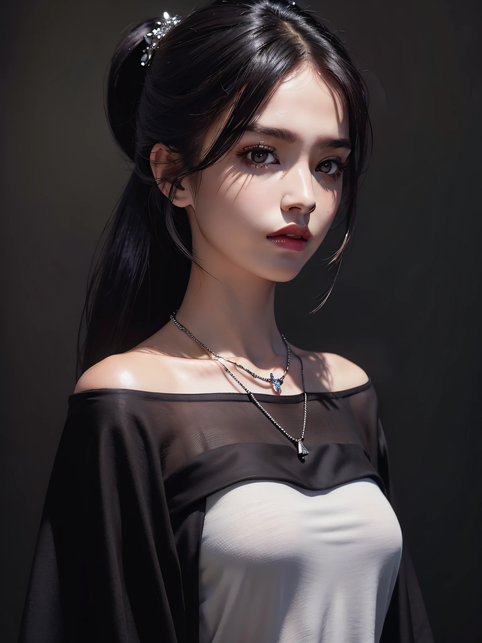 Top Quality, Masterpiece, Ultra High Resolution, (Photorealistic: 1.4), Raw Photo, 1 Girl, Off Shoulder, ((((Dark)))), (((Deep Shadow)), Low Key, (Cold Light), Black Hair Ponytail, Hair Ornament, Necklace, Jewelry,