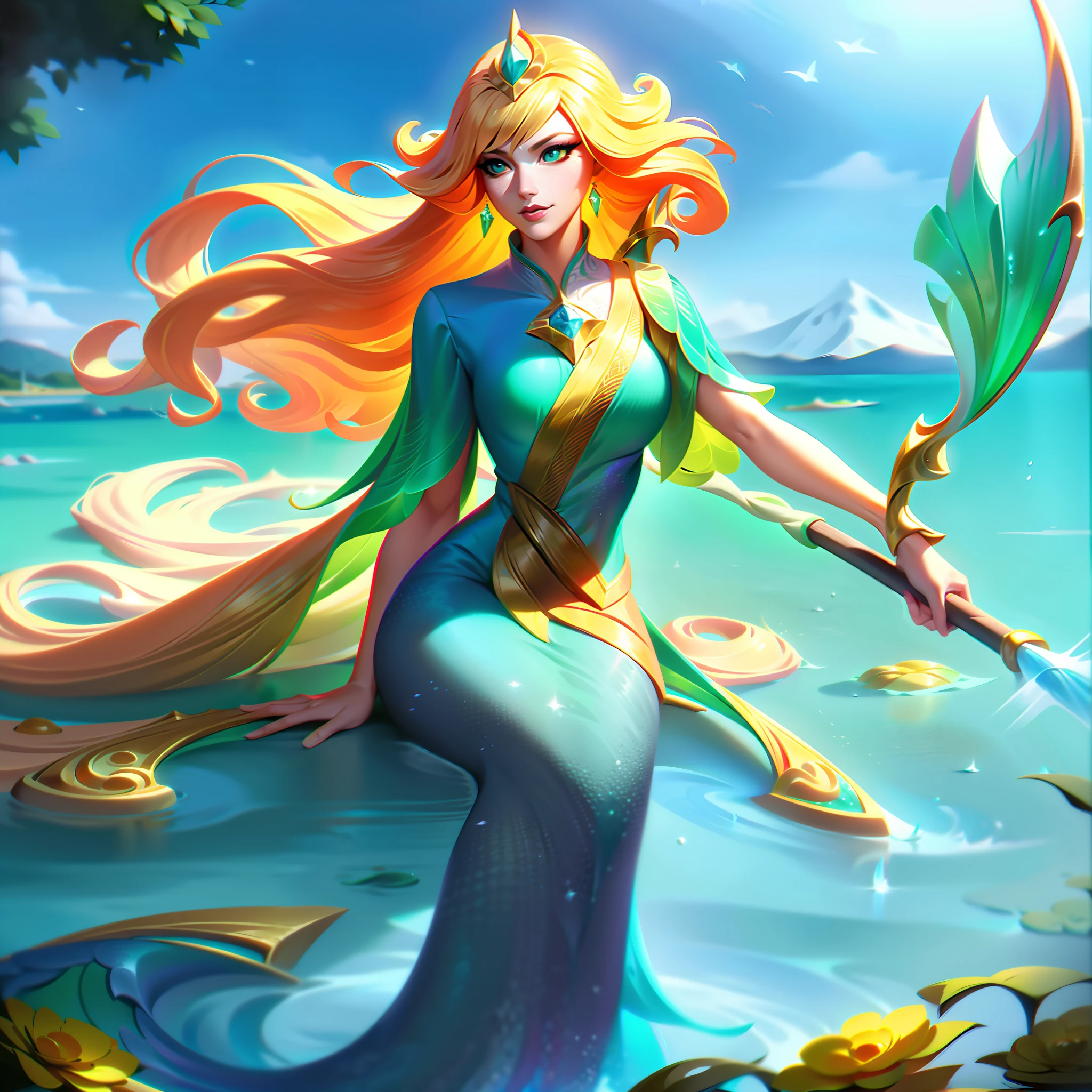 Nami from League of Legends, but with long, curly blonde hair holding her staff with flowers encrusted so that they look like they're shoots, she's sitting gracefully on a rock above a water-green crystalline lake with pale yellow flowers, her mermaid syrup is pearly with yellow pastels and colorful scales with perfect and prestigious shading,  splashart, body lines, vibrant colors, exquisite details, cinematic, artstation, detailed face, by rossdraws, by Kienan Lafferty