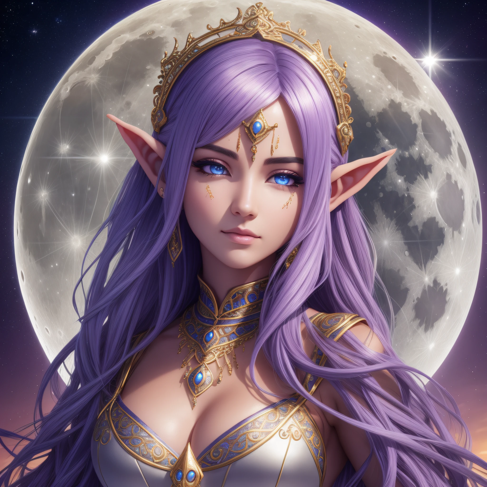 a Moon Elf, Large full moon in background, chiaroscuro, hyperrealism, luminism, hd, very detailed, 4k, 8k, shot on a Nikon Z7 II and Nikon NIKKOR Z 105mm f/2.8 VR S, best quality, (detailed face, detailed eyes, detailed pupils, detailed clothes and features, clear background) --auto --s2