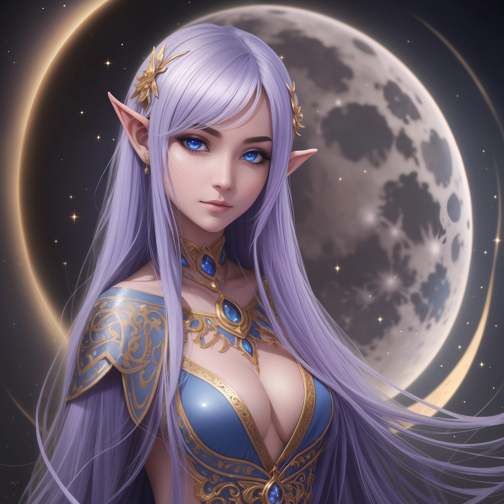 a Moon Elf, Large full moon in background, chiaroscuro, hyperrealism, luminism, hd, very detailed, 4k, 8k, shot on a Nikon Z7 II and Nikon NIKKOR Z 105mm f/2.8 VR S, best quality, (detailed face, detailed eyes, detailed pupils, detailed clothes and features, clear background) --auto --s2