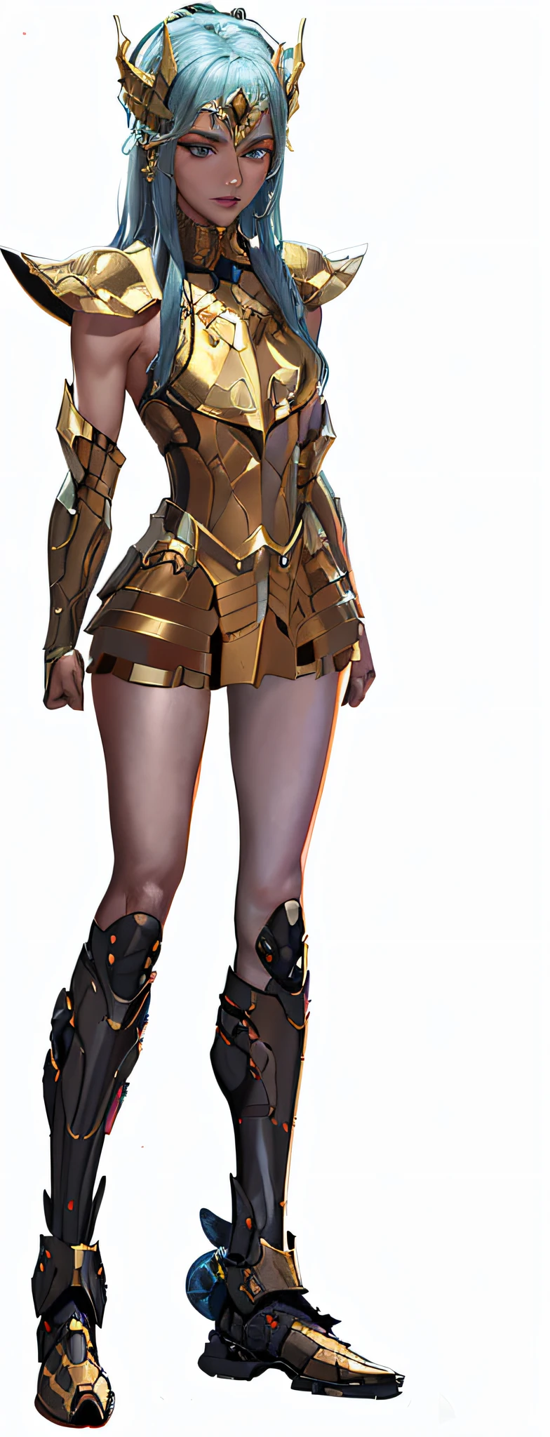a close up of a person in a costume with a sword, metallic bronze skin, light gold armor, bronze skin, sleek gold armor, elegant gold skin, wearing witchblade armor, gold obsidian armor, bikini armor female knight, bronze armor, body golden armor, gilded outfit, gloden armor, heavy gold obsidian armor, gold armor