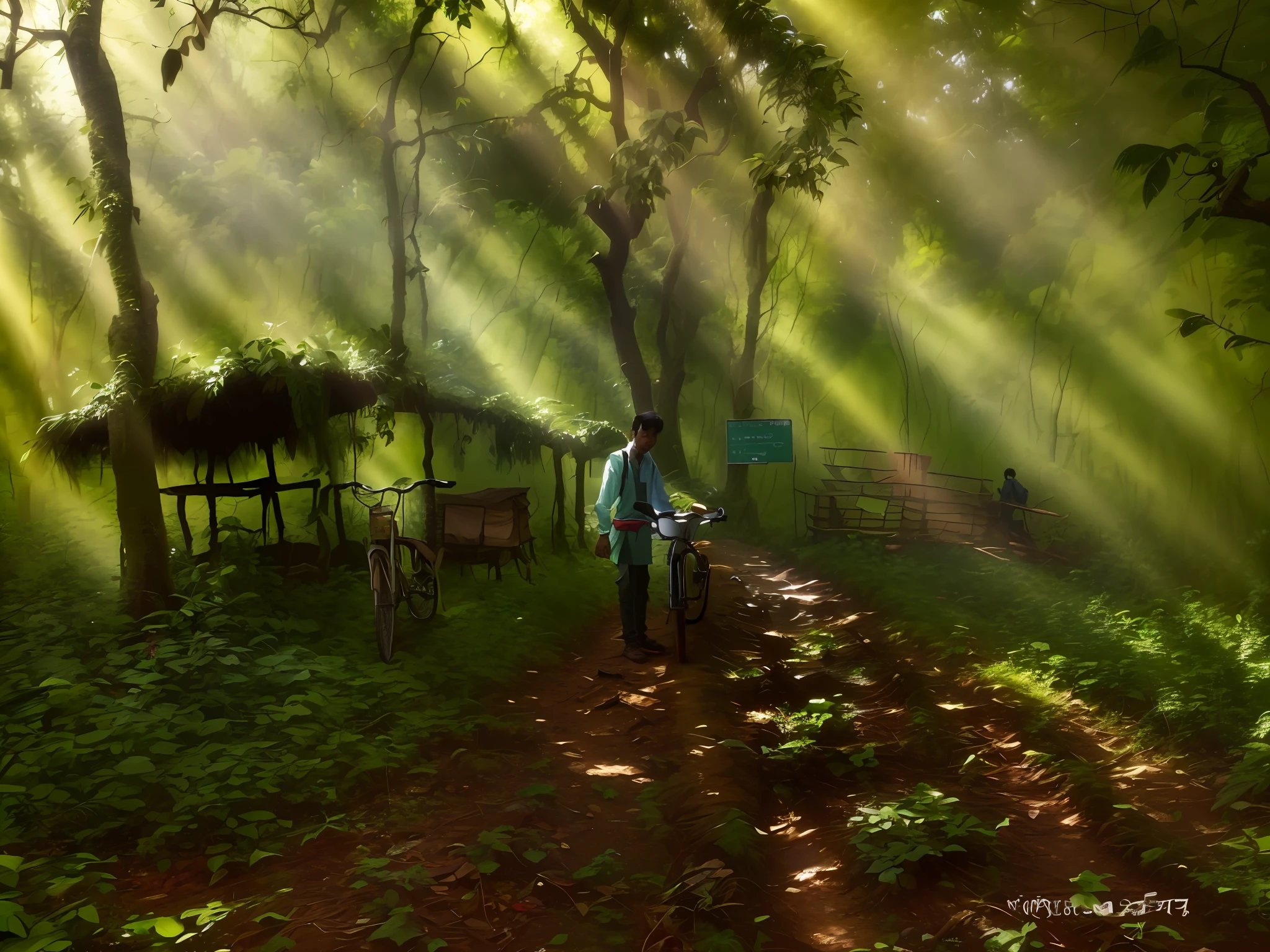there is a man standing next to a bike in the woods, indian forest, edited, damaged vine bridge, villagers busy farming, captured with sony a3 camera, kuntilanak on bayan tree, by Odhise Paskali, in jungle forest !!!, well edited, by Scott M. Fischer, a wide full shot, medium full shot, a wide shot, car