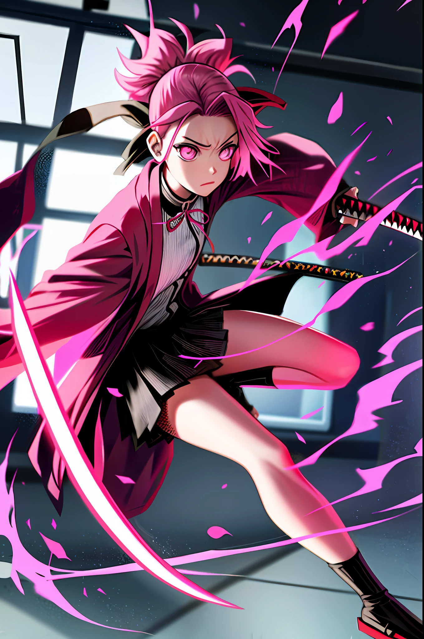 Theme: Kimetsu no Yaiba
Scenario: Classroom 
Character: Pink-haired Terminator
Species: human
Details: short hair, red blade katana, dynamic scene, full body. 
Breathing: thunder