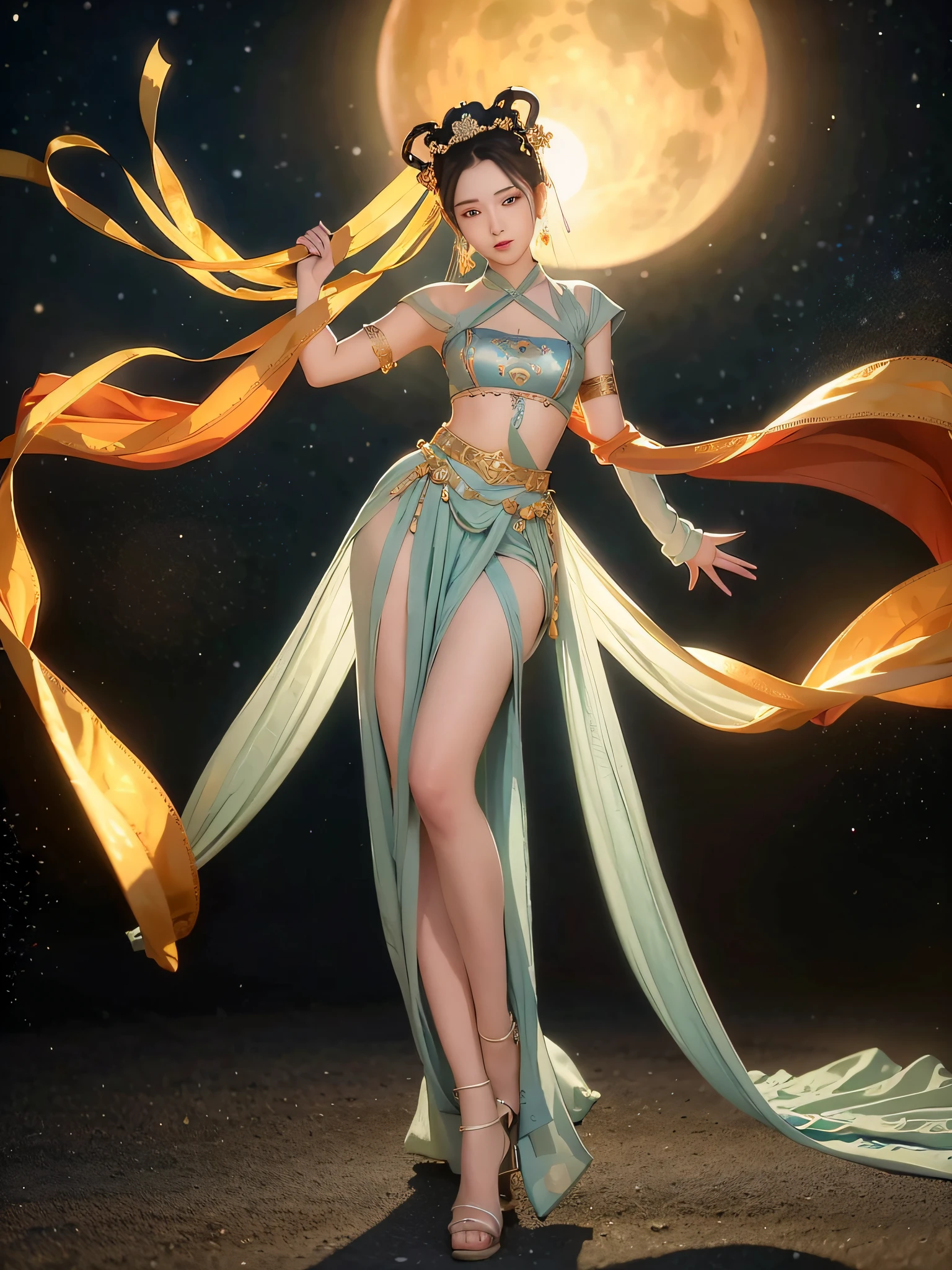 NSFW, Masterpiece, Night, Milky Way, Moon, Best Quality, Full Body Shot, Costume, Realistic, 1 Girl, Urzang, (PureErosFace_V1:0.7), 1 Girl Under the Moon ((Flying)), Chinese Immortals, dunhuang_cloths, dunhuang_style, (Chinese palace in the sky in the background: 1.5), (clouds on the ground: 1.5, surrounded by smoke: 1.5), best quality, realistic, realistic, award-winning illustrations, (complex details: 1.2), (fine details), (intricate details), (cinematic light, best quality backlight), clear lines, fashion girl, sharp focus, realistic face, detailed face, official art, Unity 8k wallpaper, super high resolution, (realistic: 1.5), looking at the viewer, ulzzang-6500，