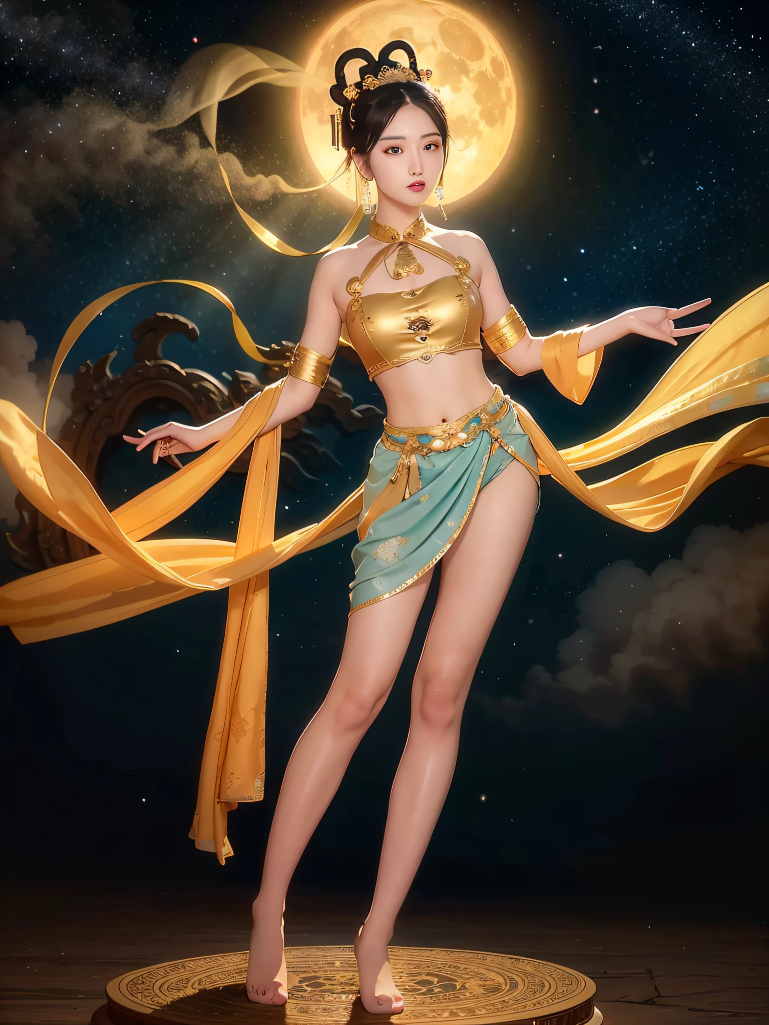 NSFW, Masterpiece, Night, Milky Way, Moon, Best Quality, Full Body Shot, Costume, Realistic, 1 Girl, Urzang, (PureErosFace_V1:0.7), 1 Girl Under the Moon ((Flying)), Chinese Immortals, dunhuang_cloths, dunhuang_style, (Chinese palace in the sky in the background: 1.5), (clouds on the ground: 1.5, surrounded by smoke: 1.5), best quality, realistic, realistic, award-winning illustrations, (complex details: 1.2), (fine details), (intricate details), (cinematic light, best quality backlight), clear lines, fashion girl, sharp focus, realistic face, detailed face, official art, Unity 8k wallpaper, super high resolution, (realistic: 1.5), looking at the viewer, ulzzang-6500,