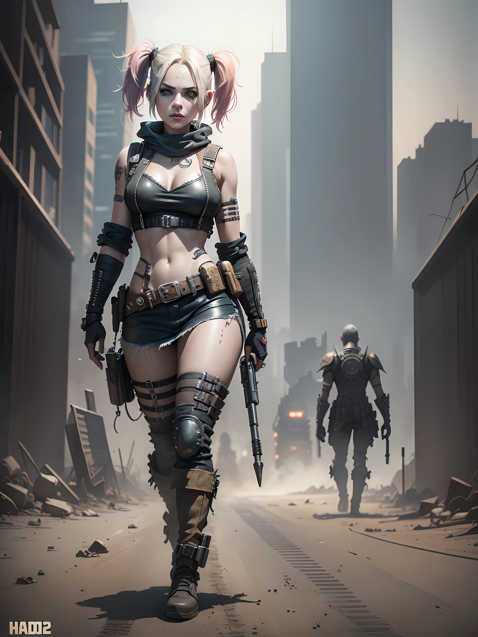 a female collectible hero in mad max design, similar to harley quinn figure. Dystopian world in the background, photorealistic, 4k, cyberpunk --auto --s2