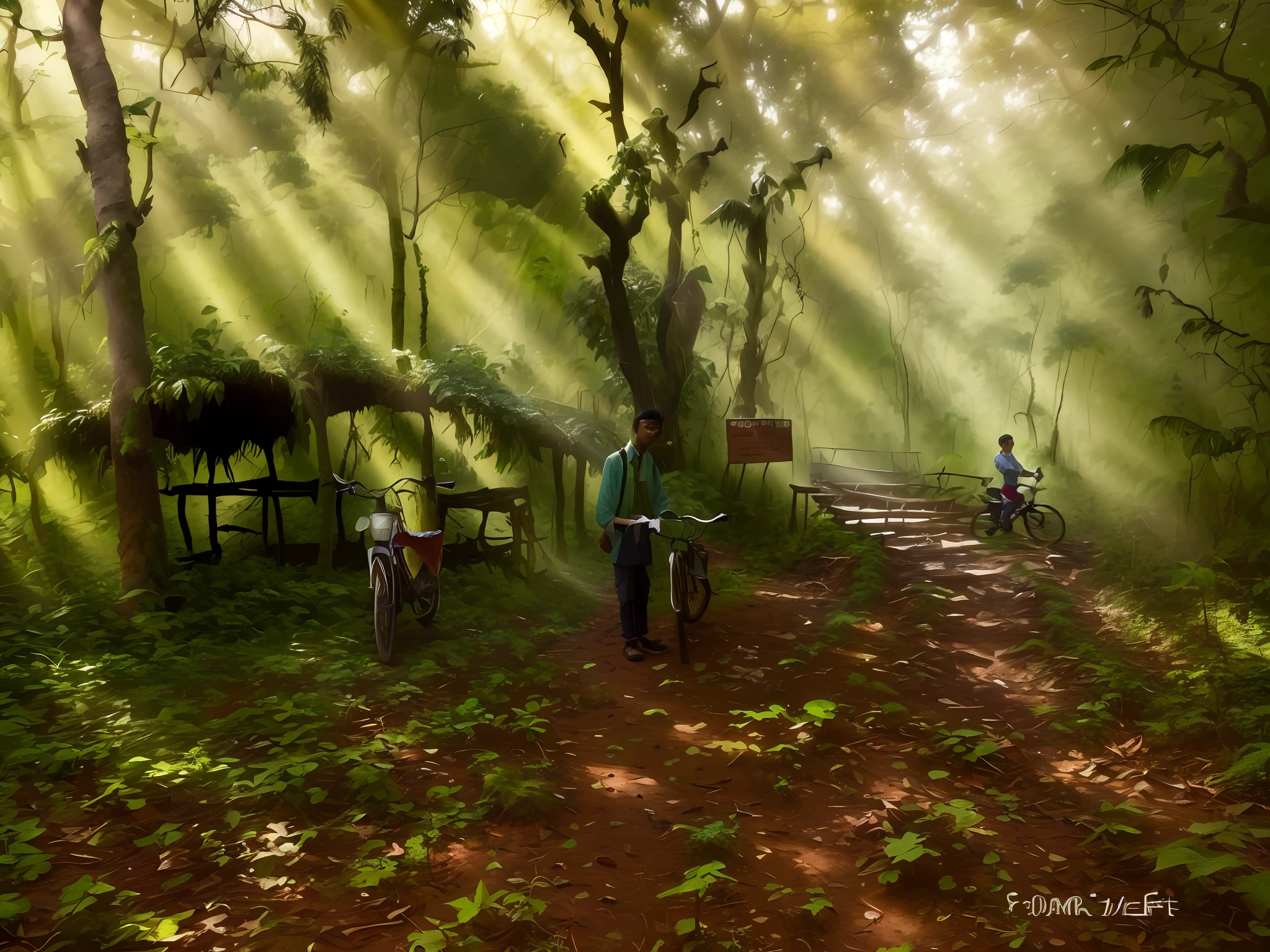 there is a man standing next to a bike in the woods, indian forest, edited, damaged vine bridge, villagers busy farming, captured with sony a3 camera, kuntilanak on bayan tree, by Odhise Paskali, in jungle forest !!!, well edited, by Scott M. Fischer, a wide full shot, medium full shot, a wide shot, car