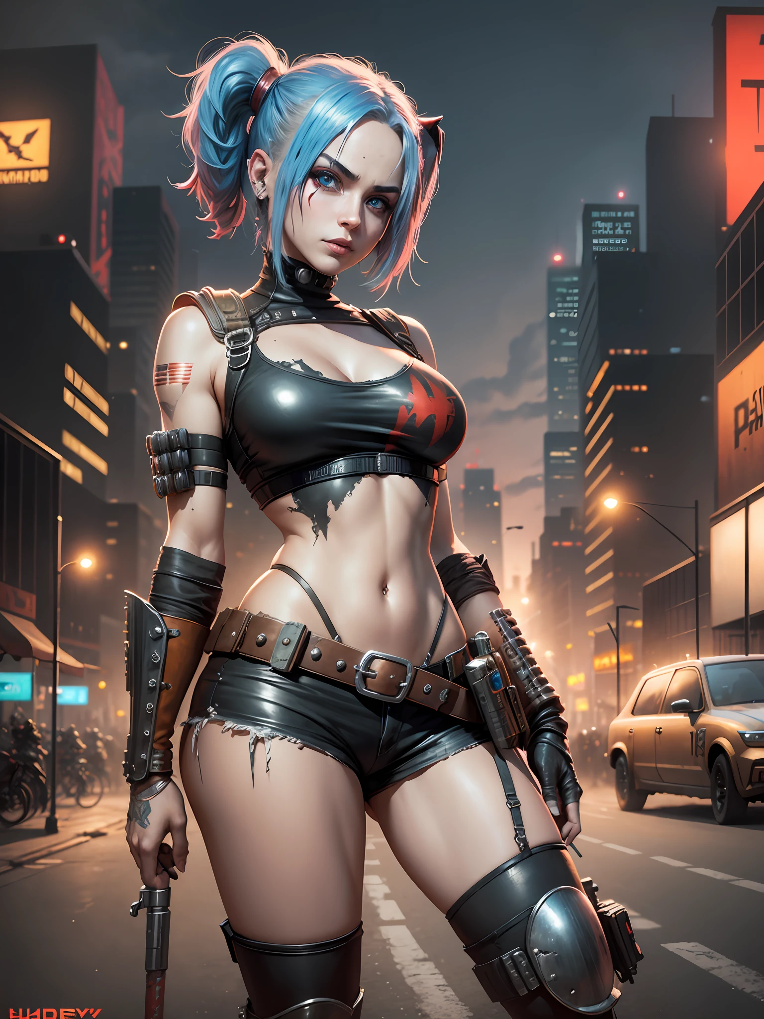 a female collectible hero in mad max design, similar to harley quinn figure. Dystopian world in the background, photorealistic, 4k, cyberpunk --auto --s2