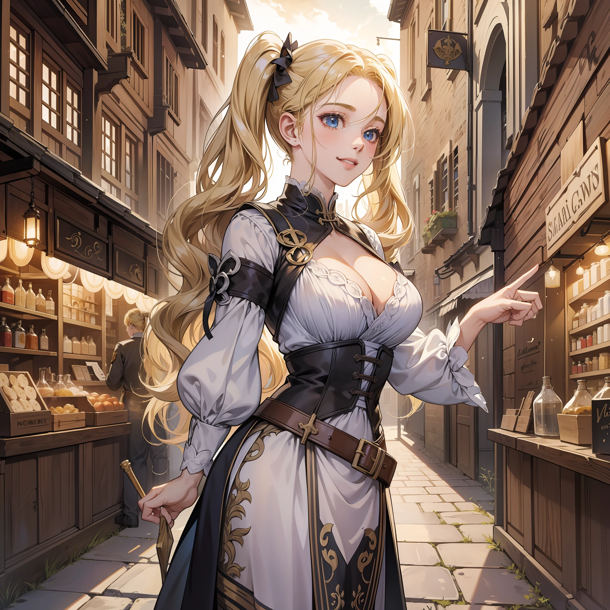 masterpiece, high resolution, wallpaper, landscape, movie, dramatic light, ray tracing,girl, beautiful woman, blonde, cleavage,twin tails, medieval street, stall, potion, sundries, multi people, passerby background, smile, full body long angle, light, magic, wind