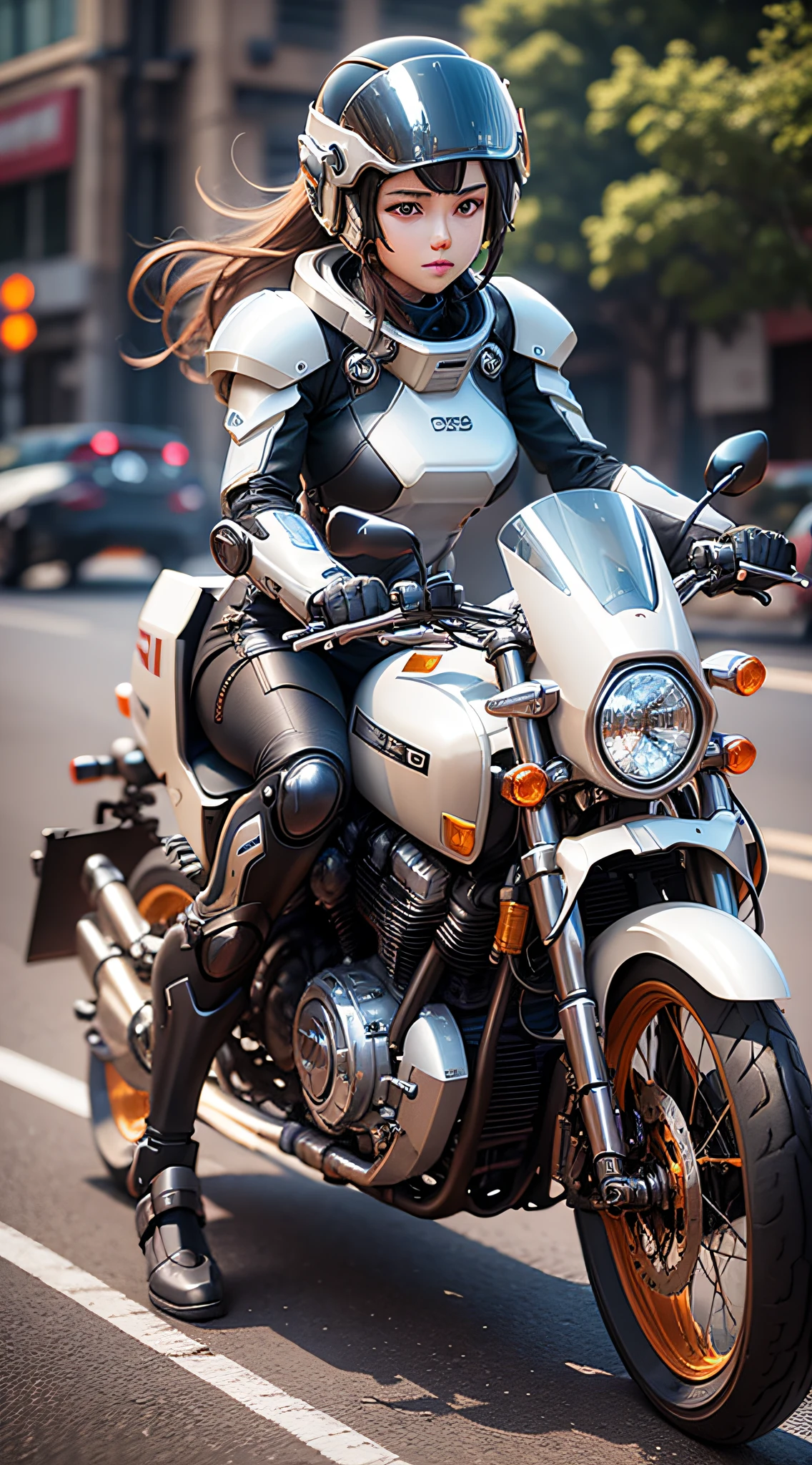 Girl in mecha, sitting on a motorcycle, with helmet, HD, CG animation, game characters, light and shadow, three-dimensional, super high quality --auto --s2