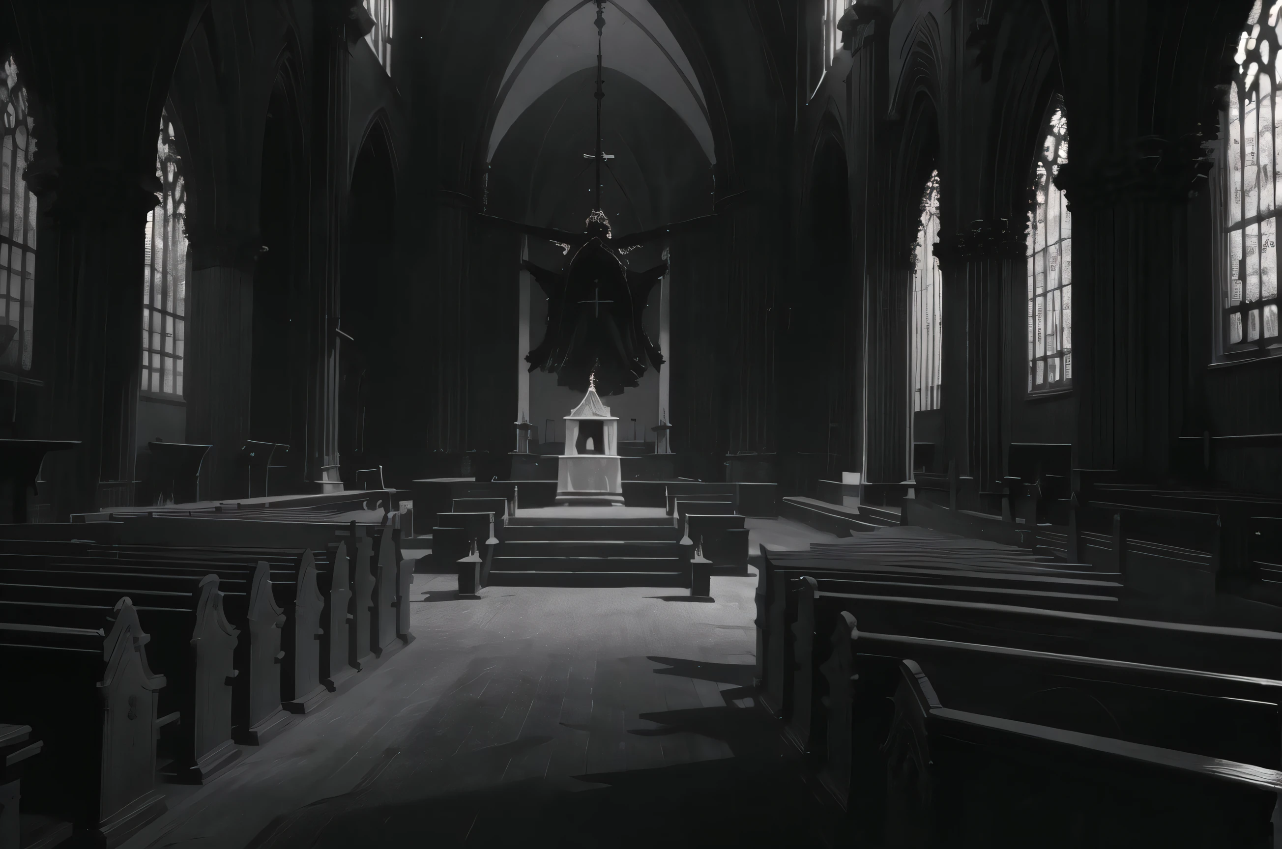 masterpiece, best quality, an empty church with an abstract serpentine statue above the altar, no humans, pews, Victorian architecture, intricate background, dimly lit by candles, monochrome